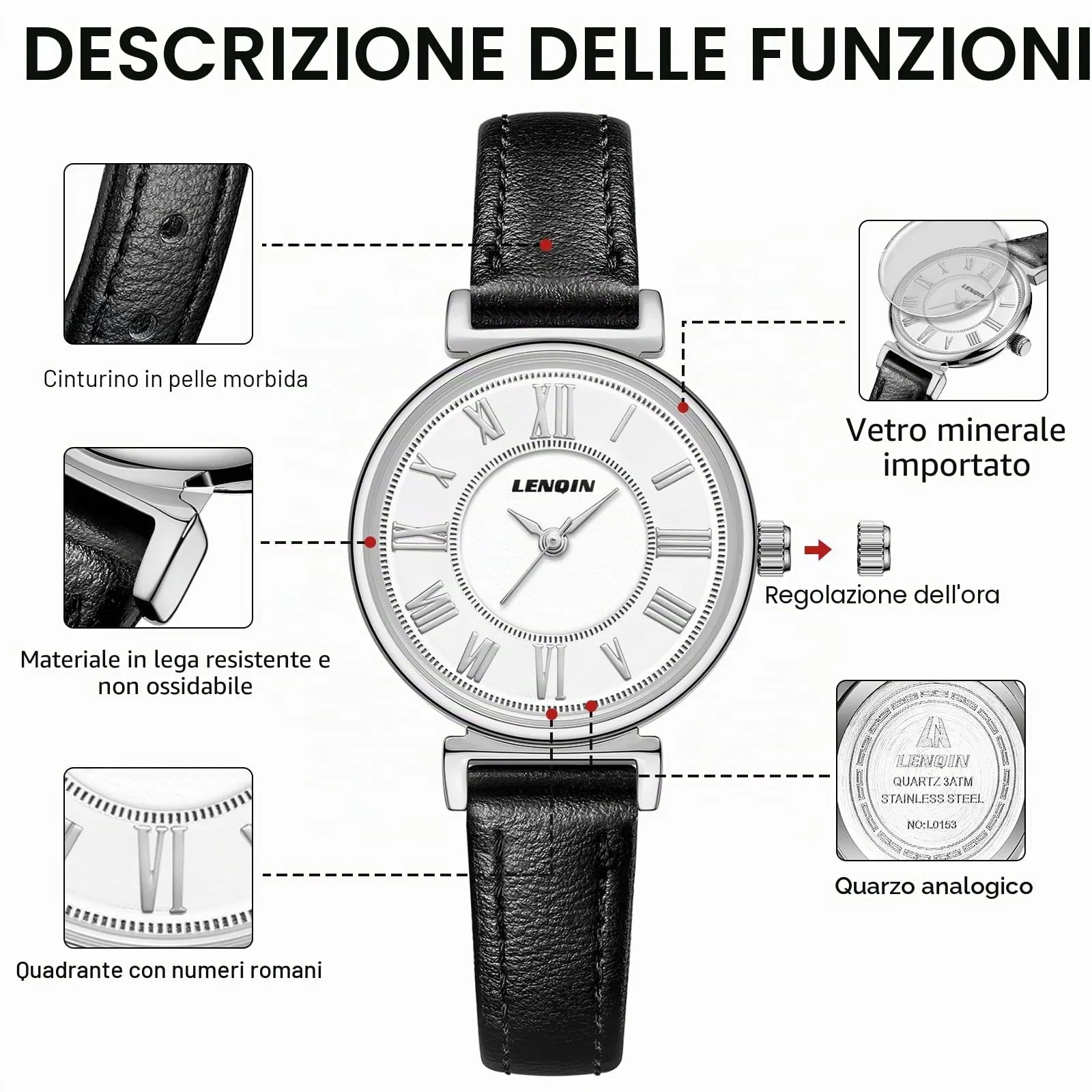 LN LENQIN Orologio Donna Analogico al Quarzo con Cinturino in Pelle 3ATM L0153 - immagine 7