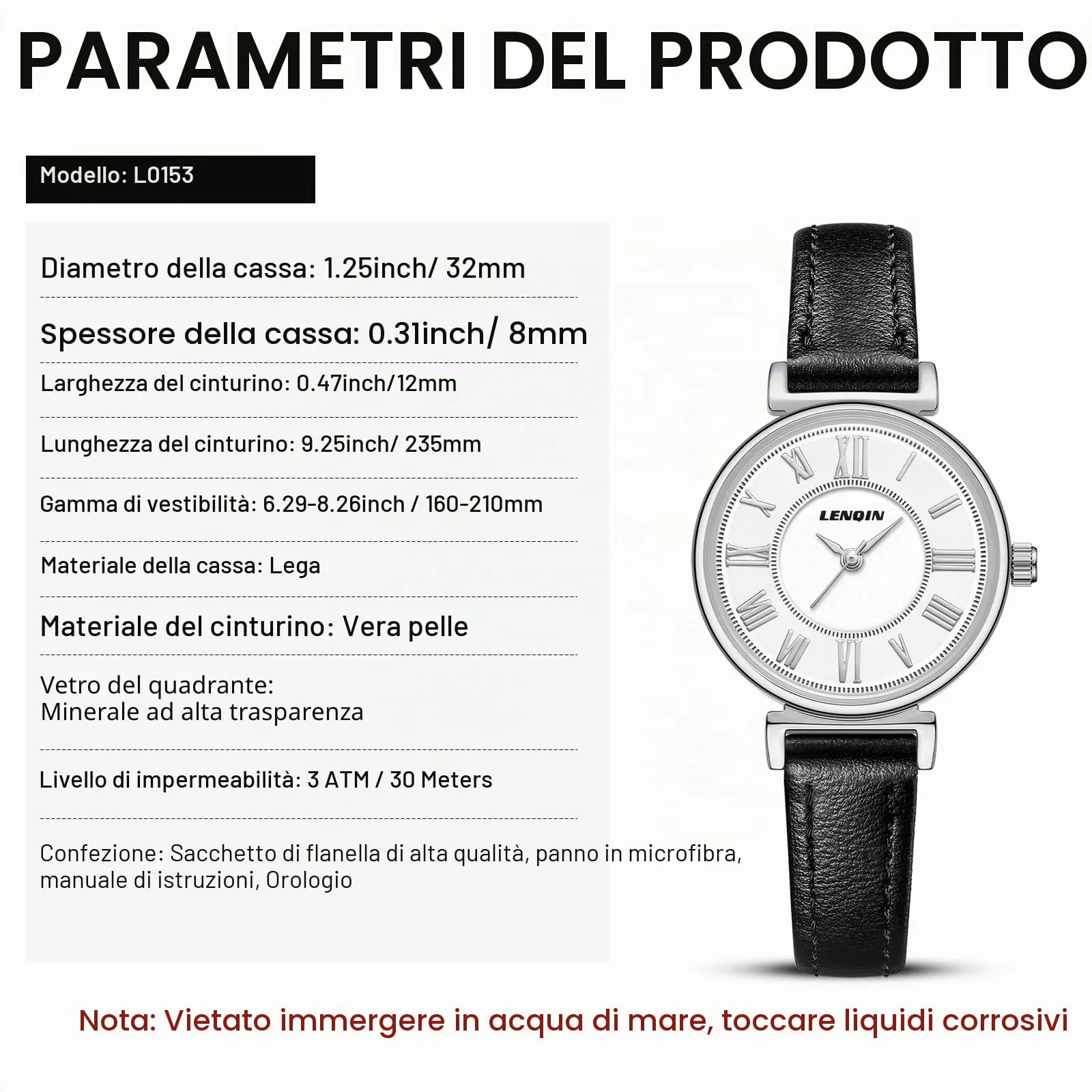 LN LENQIN Orologio Donna Analogico al Quarzo con Cinturino in Pelle 3ATM L0153 - immagine 8