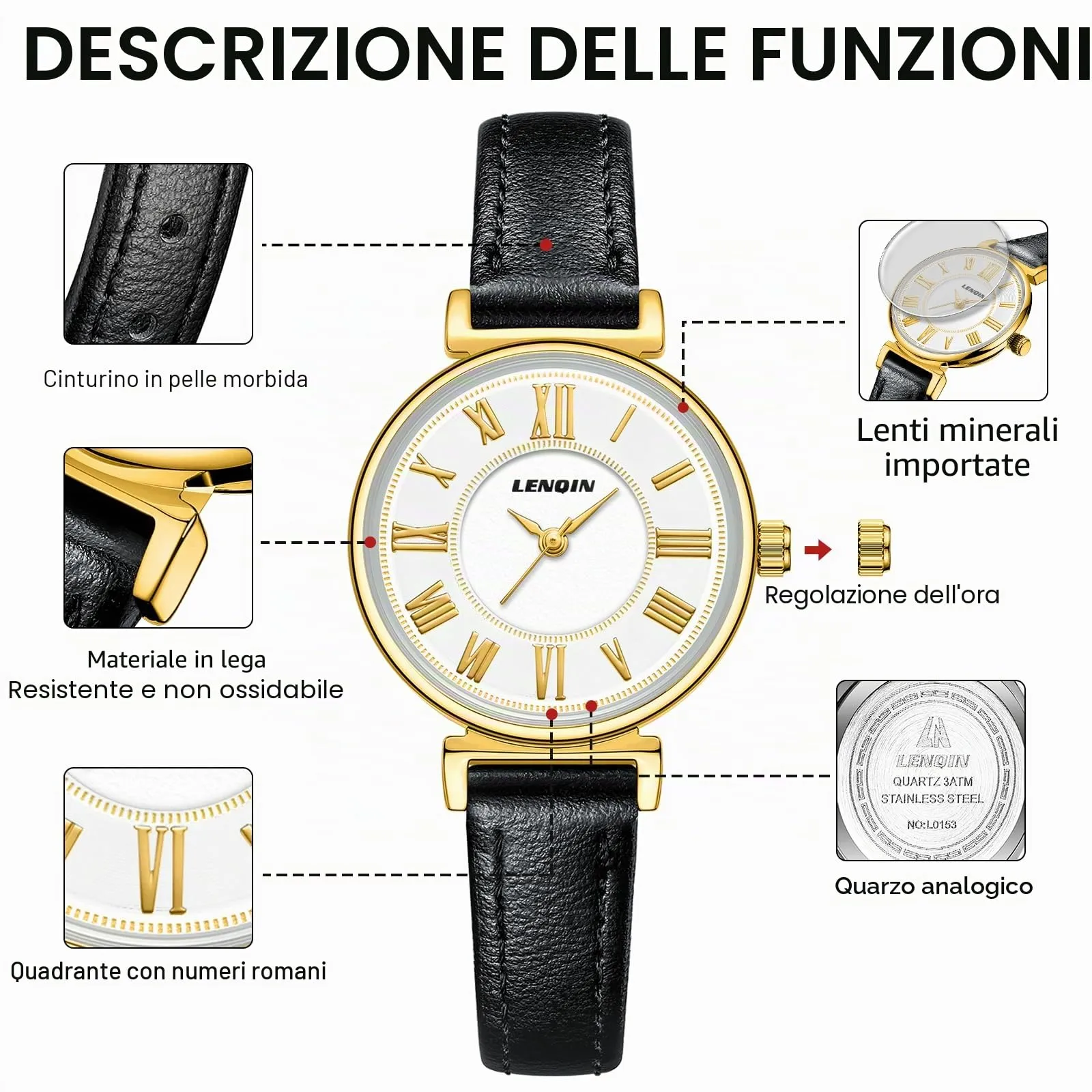 LN LENQIN Orologio Donna Analogico al Quarzo Cinturino Pelle 3ATM - immagine 7