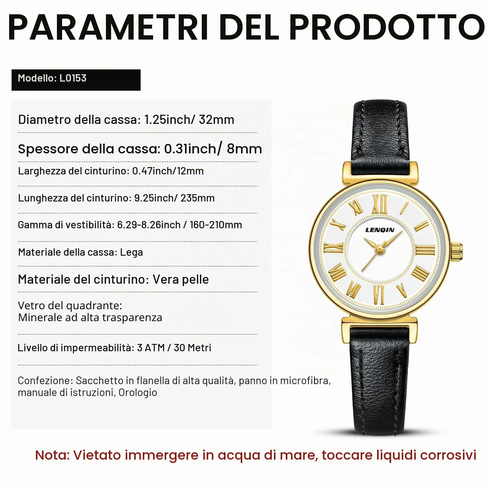 LN LENQIN Orologio Donna Analogico al Quarzo Cinturino Pelle 3ATM - immagine 8