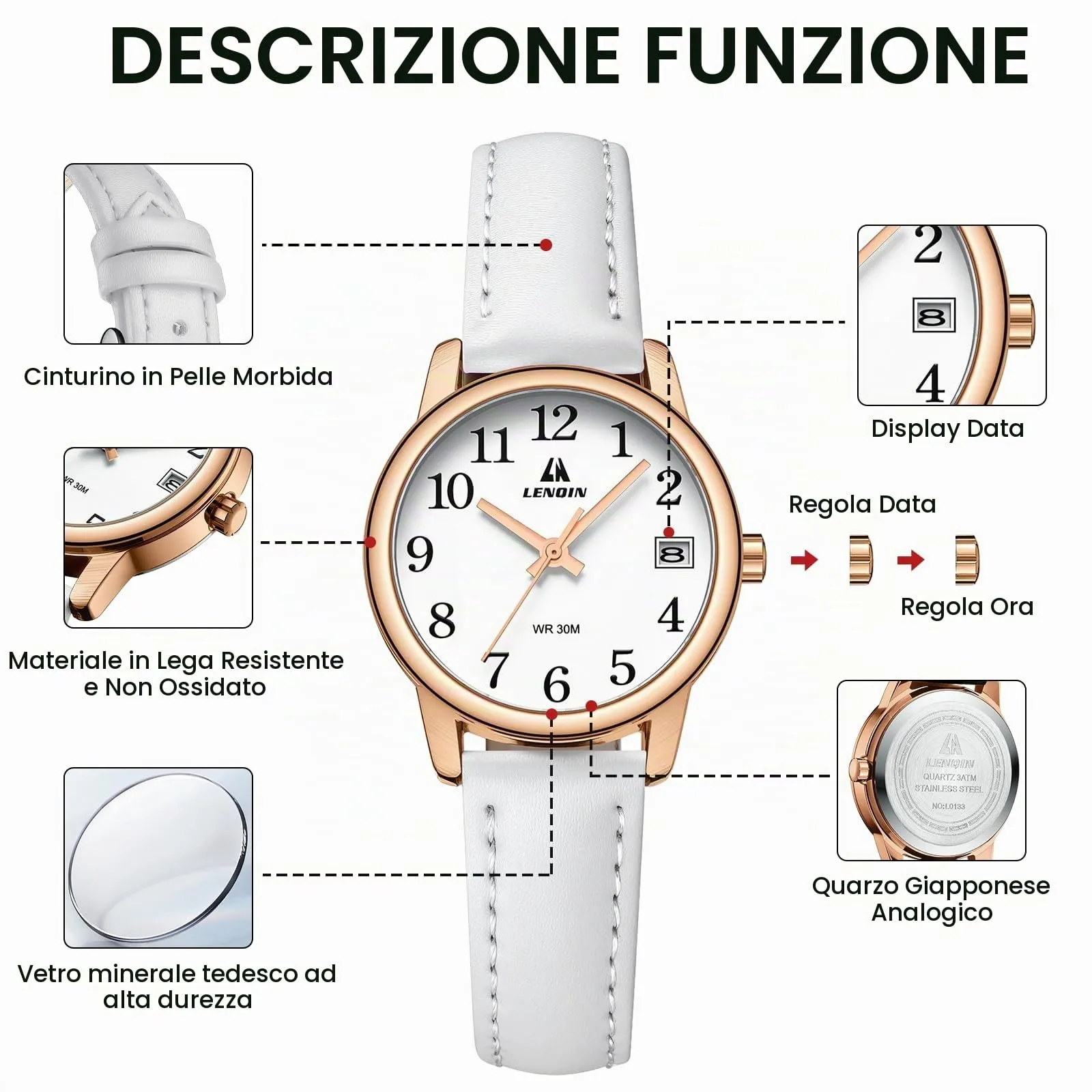 LN LENQIN Orologio Donna Analogico al Quarzo Cinturino Pelle 3ATM - immagine 7