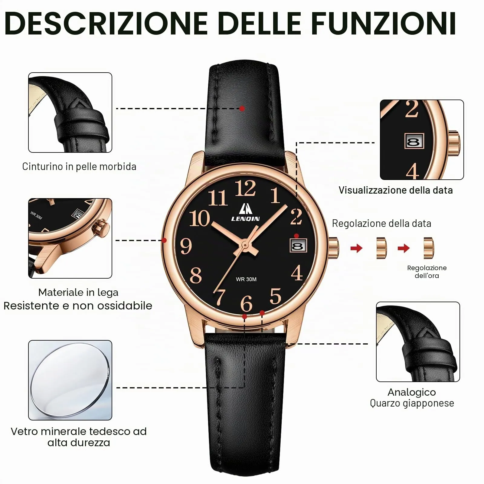 LN LENQIN Orologio Donna Analogico al Quarzo Cinturino Pelle 3ATM L0133 - immagine 7
