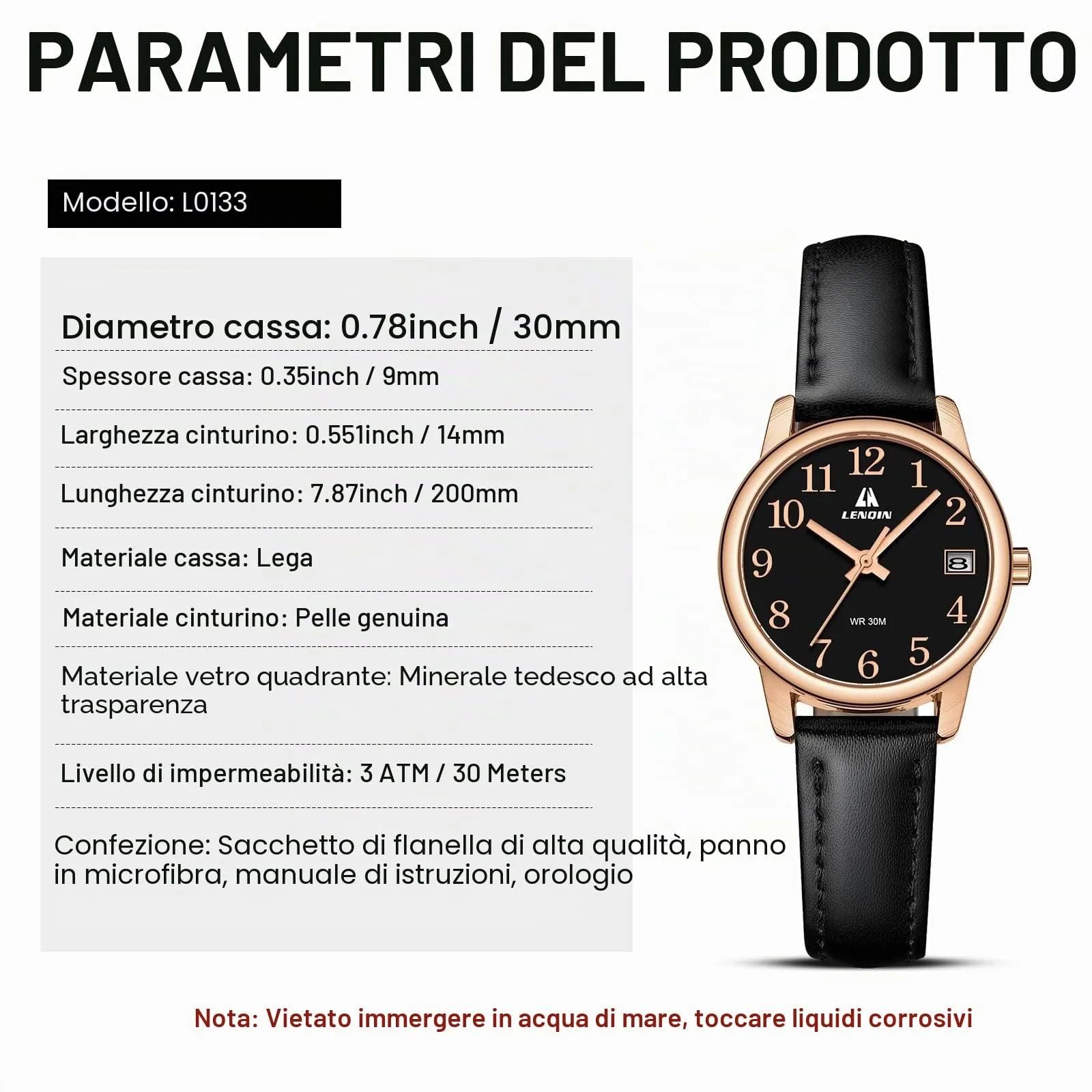 LN LENQIN Orologio Donna Analogico al Quarzo Cinturino Pelle 3ATM L0133 - immagine 8