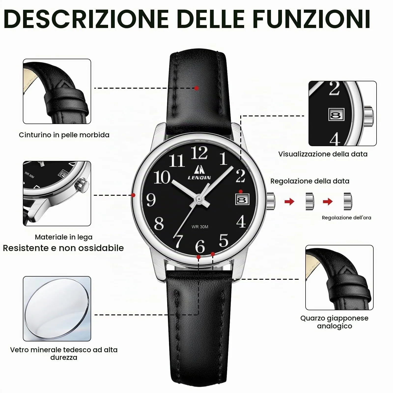 LN LENQIN Orologio Donna Analogico al Quarzo con Cinturino in Pelle 3ATM - immagine 7