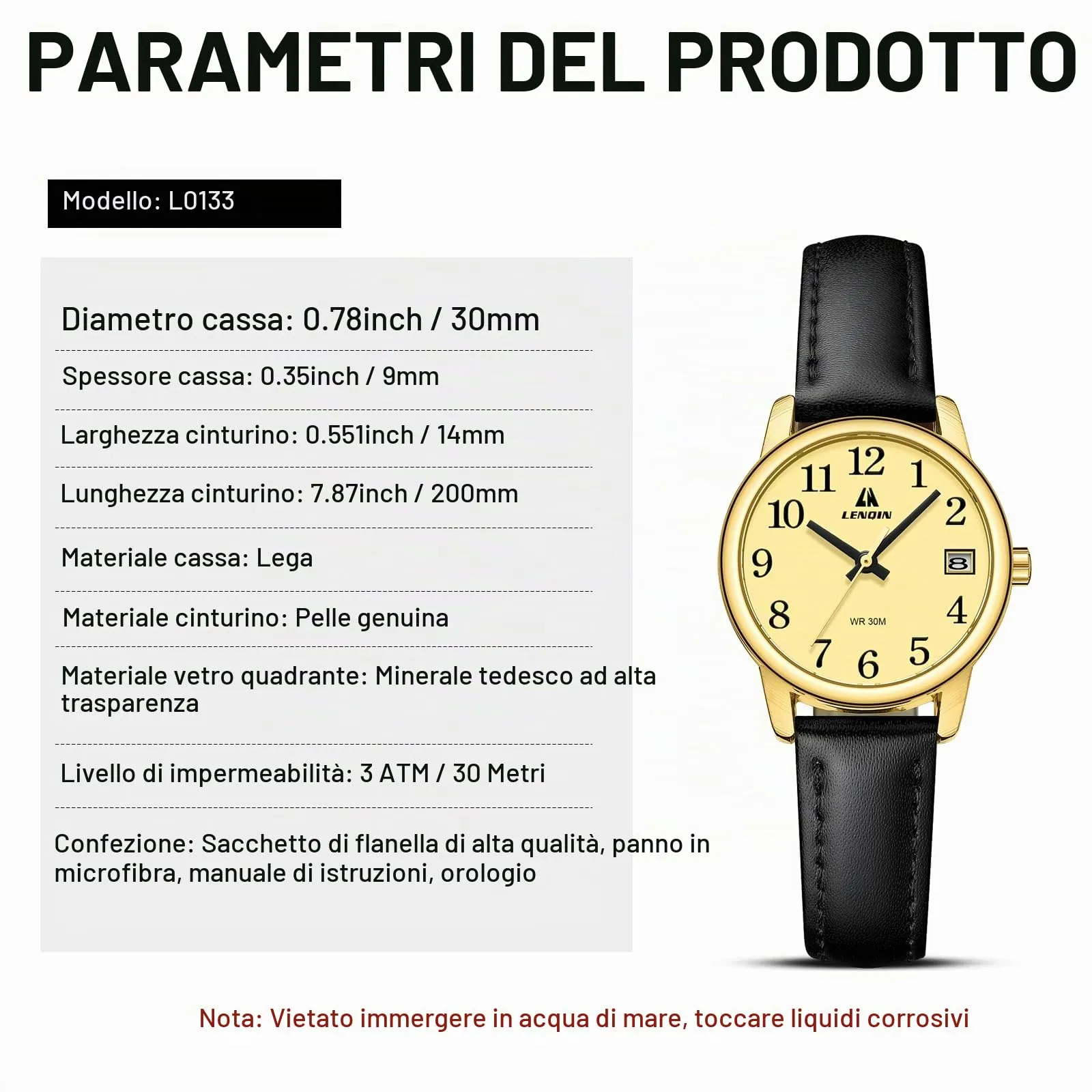 LN LENQIN Orologio Donna Analogico al Quarzo Cinturino Pelle 3ATM L0133 - immagine 8
