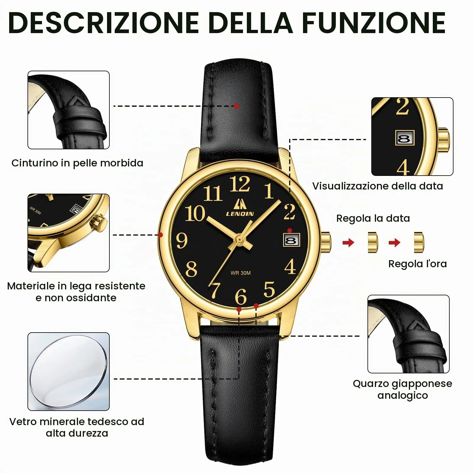 LN LENQIN Orologio Donna Analogico al Quarzo Cinturino in Pelle 3ATM L0133 - immagine 7