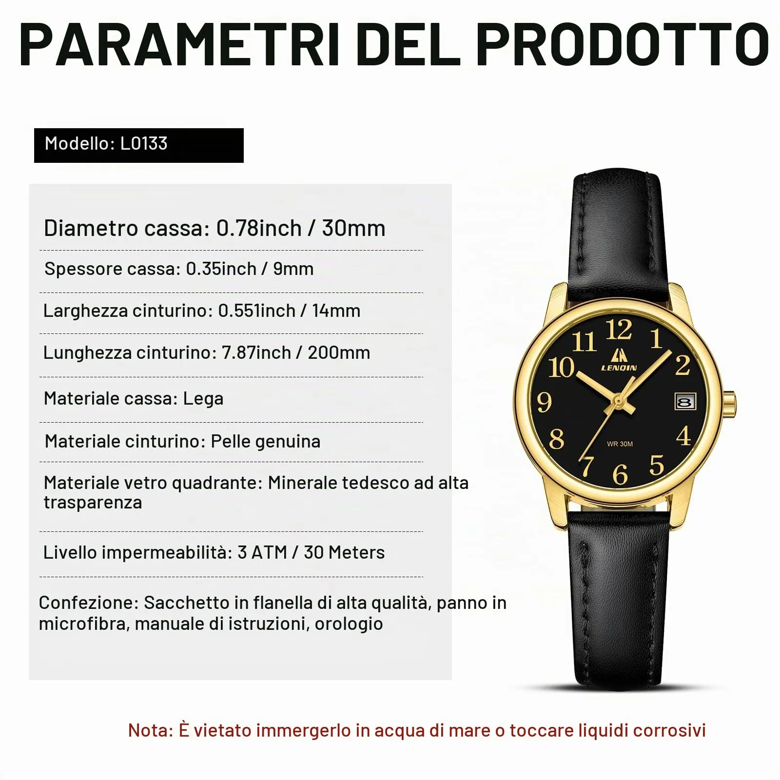 LN LENQIN Orologio Donna Analogico al Quarzo Cinturino in Pelle 3ATM L0133 - immagine 8