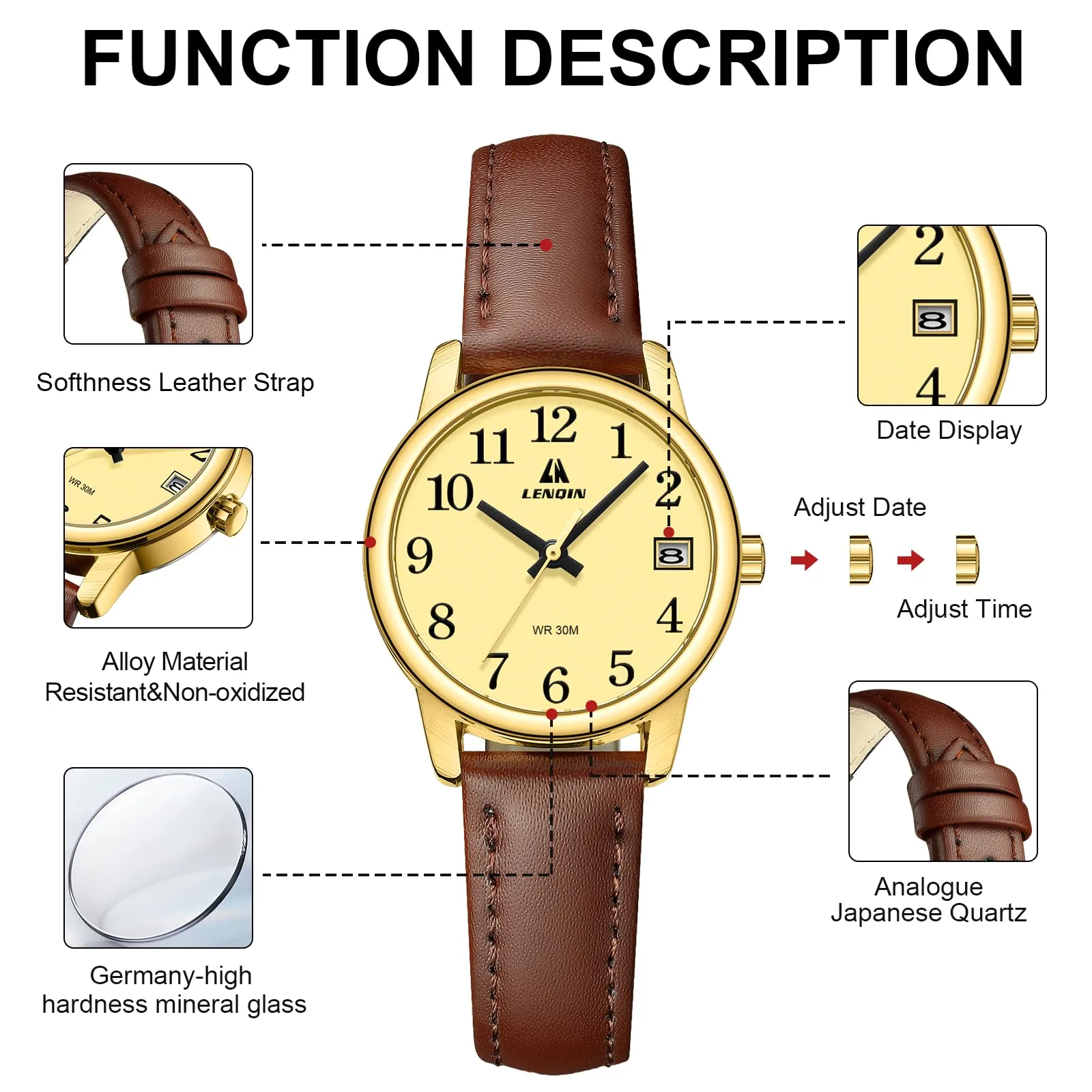 LN LENQIN Orologio Donna Analogico al Quarzo Cinturino in Pelle 3ATM - immagine 7