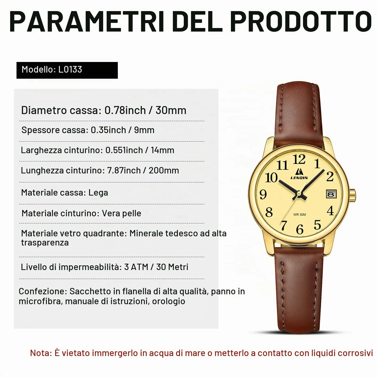 LN LENQIN Orologio Donna Analogico al Quarzo Cinturino in Pelle 3ATM - immagine 8