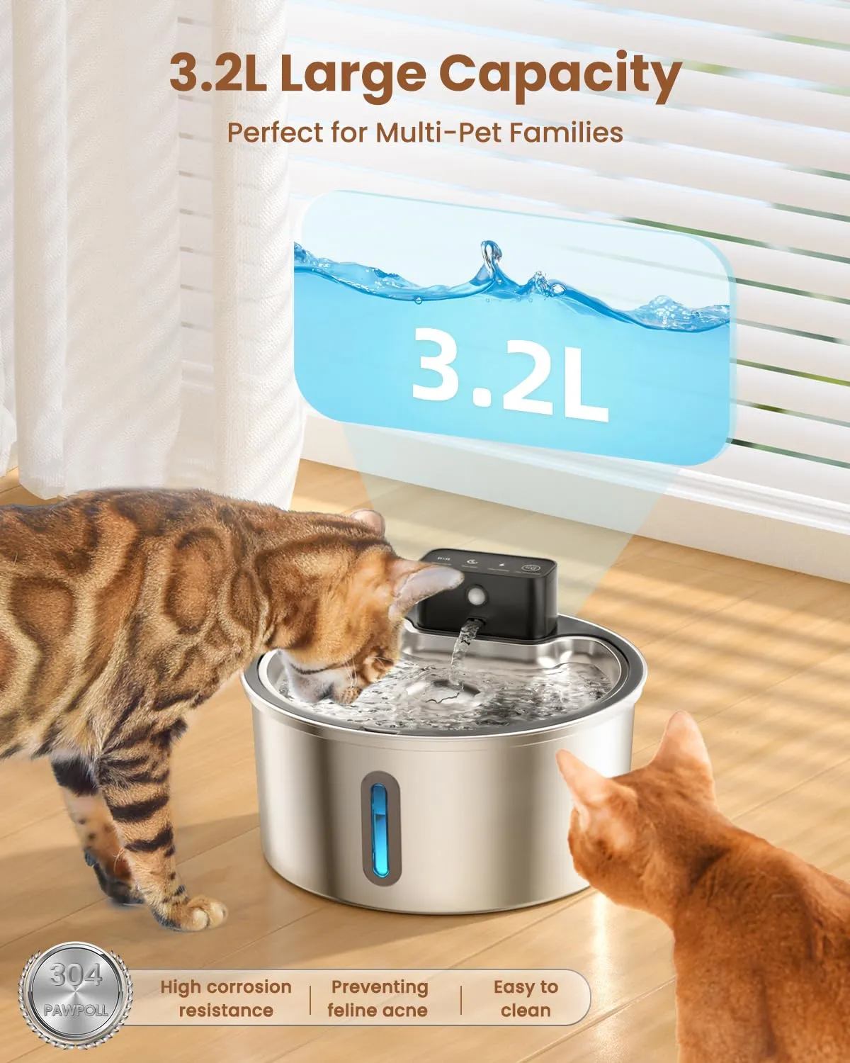 PawPoll Fontanella per Gatti senza Fili 3,2L, Sensore di Movimento, Batteria 4200mAh, Acciaio Inossidabile 304, Include 6 Filtri e 3 Spugne - immagine 7