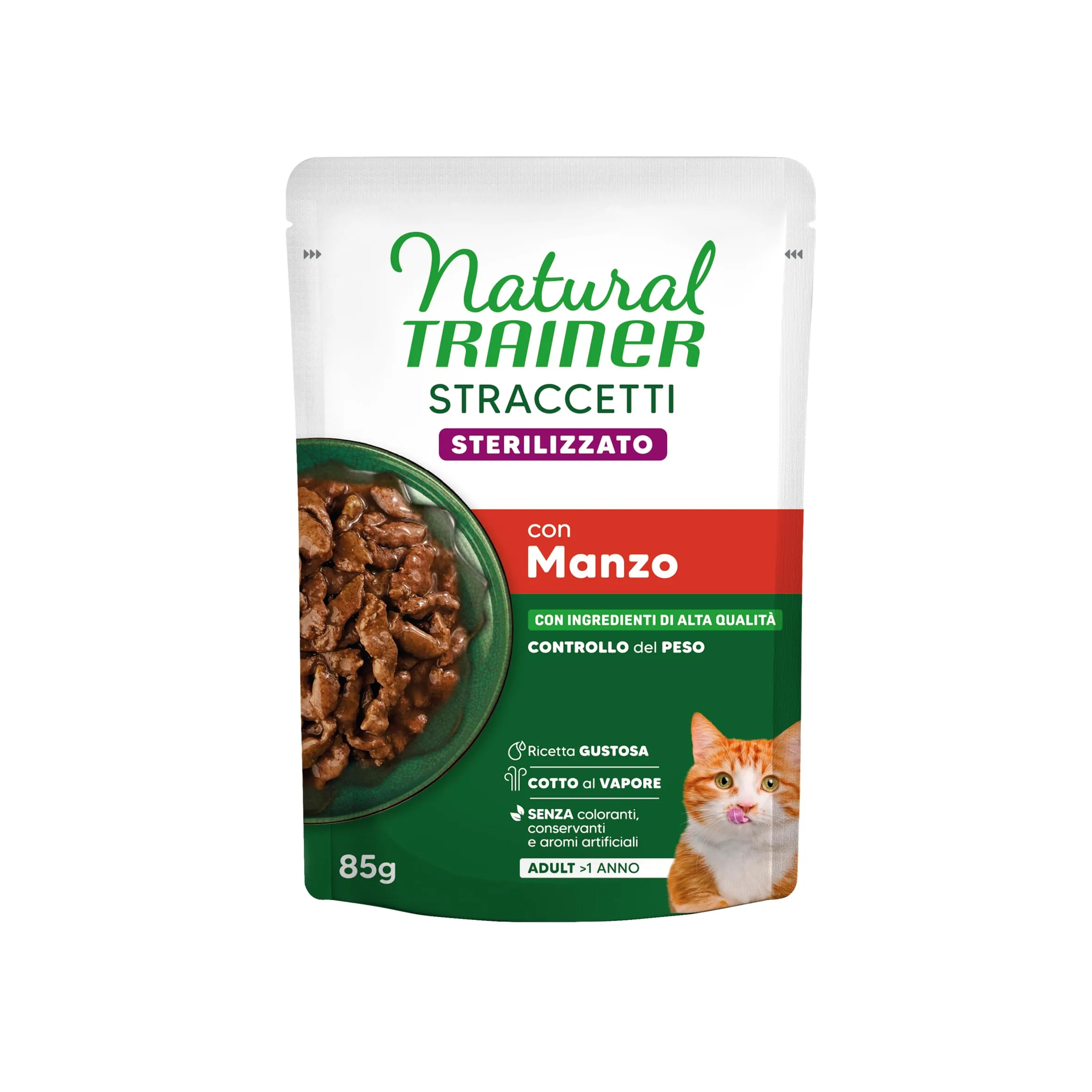 Trainer Natural Straccetti Cibo Umido per Gatti Adulti Sterilizzati, Bocconcini in Salsa con Manzo, 24 x 85g - immagine 2