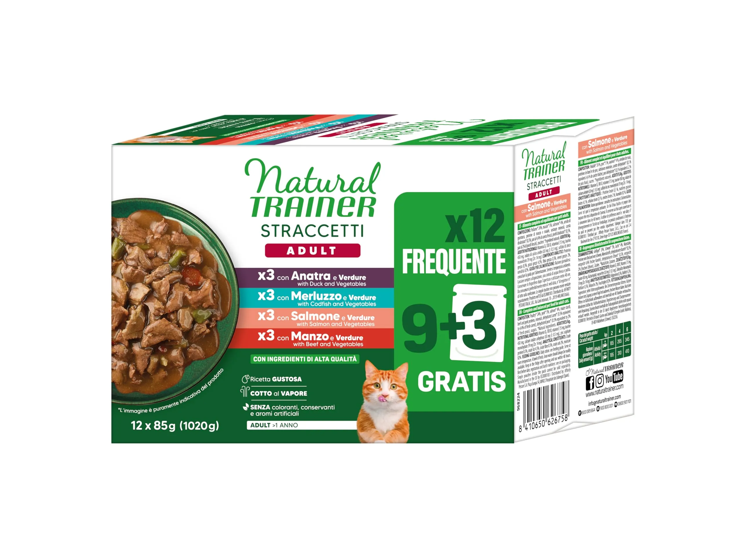 Trainer Natural Straccetti Cibo Umido per Gatti Adulti, Bocconcini in salsa Multipack (Salmone, Manzo, Anatra, Merluzzo), 12 x 85g - immagine 1