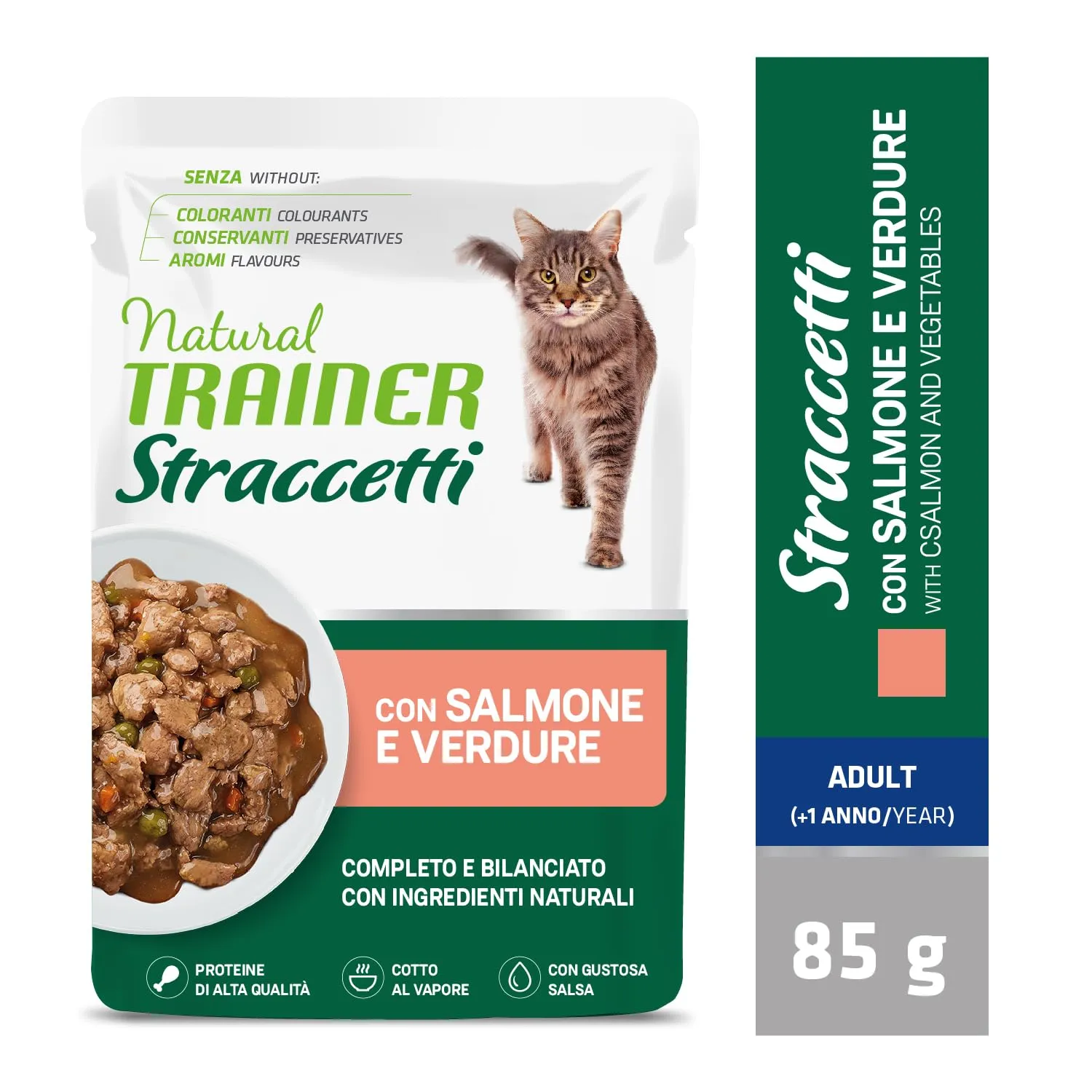 Trainer Natural Straccetti Cibo Umido per Gatti Adulti, Bocconcini in Salsa con Salmone, 22 x 85g - immagine 2