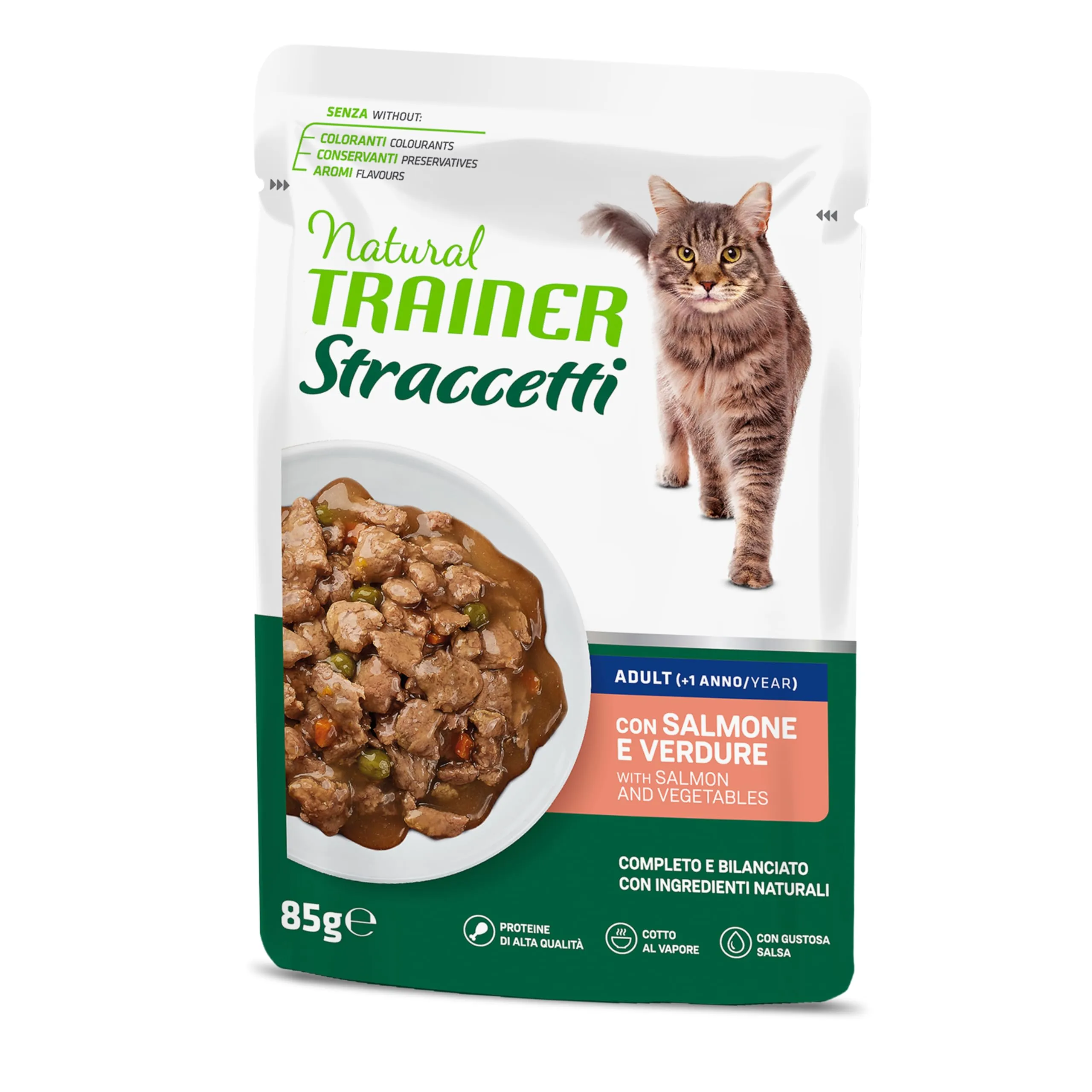 Trainer Natural Straccetti Cibo Umido per Gatti Adulti, Bocconcini in Salsa con Salmone, 22 x 85g - immagine 4