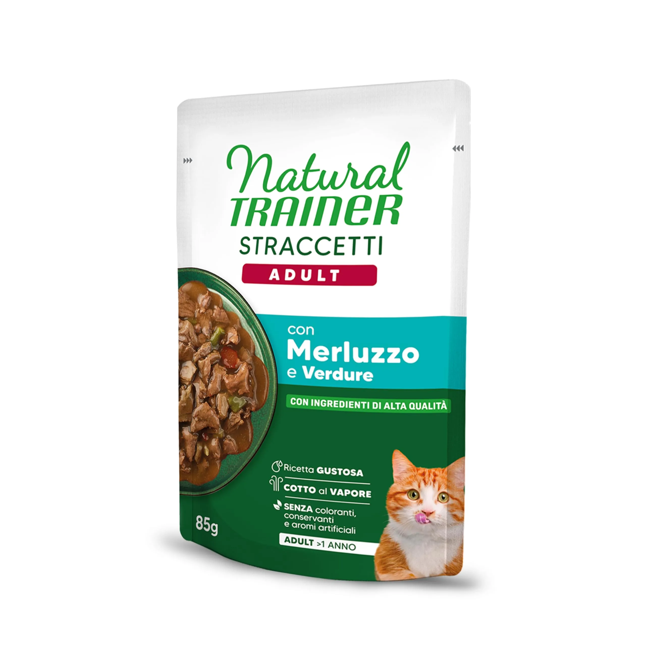 Trainer Natural Straccetti Cibo Umido per Gatti Adulti, Bocconcini in salsa con Merluzzo, 22 x 85g - immagine 3