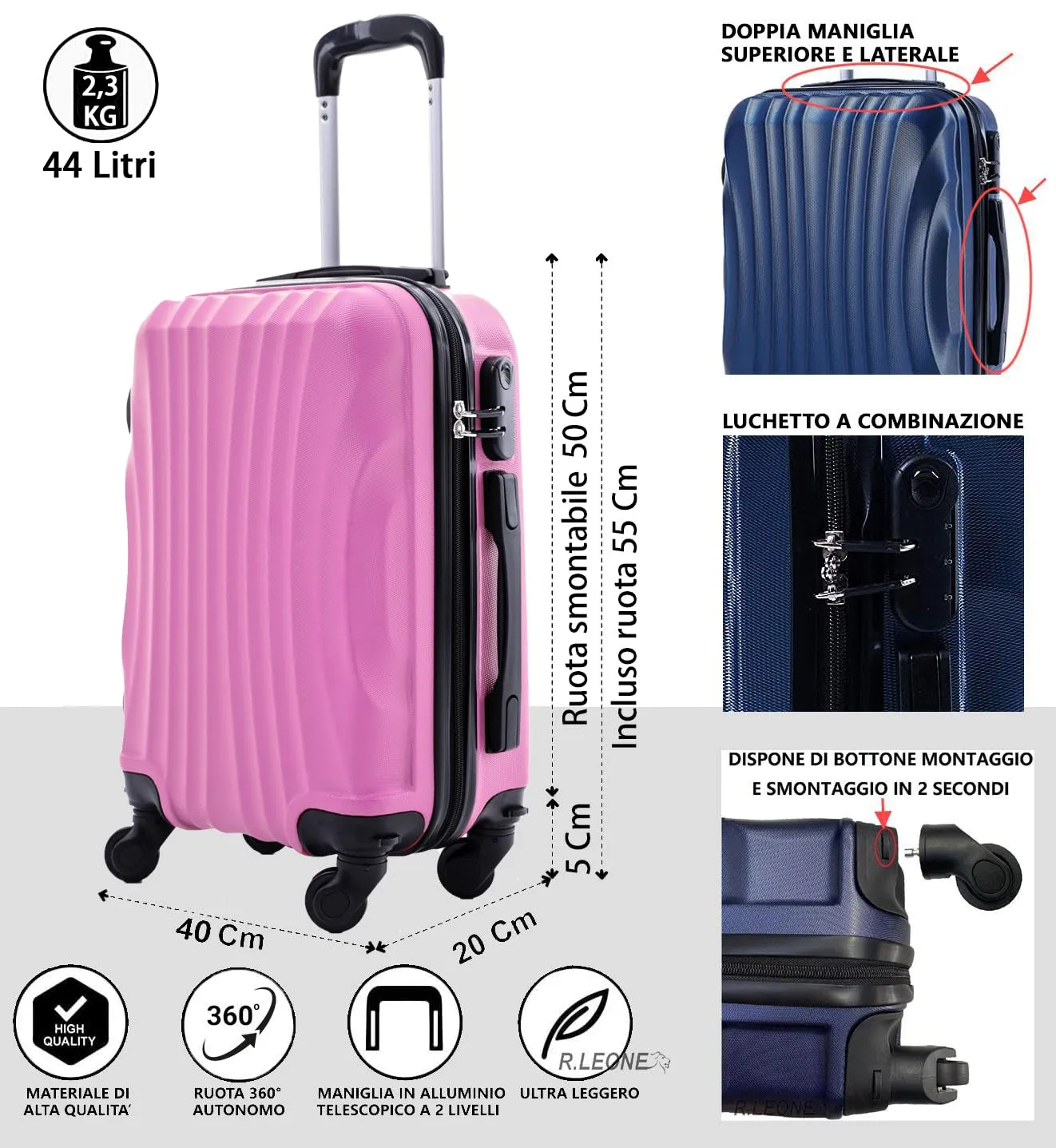 R.Leone Ryanair Trolley Bagaglio a mano 55x40x20 cm 4 Ruote rimovibili in ABS 20373N Rosa Pastello - immagine 2
