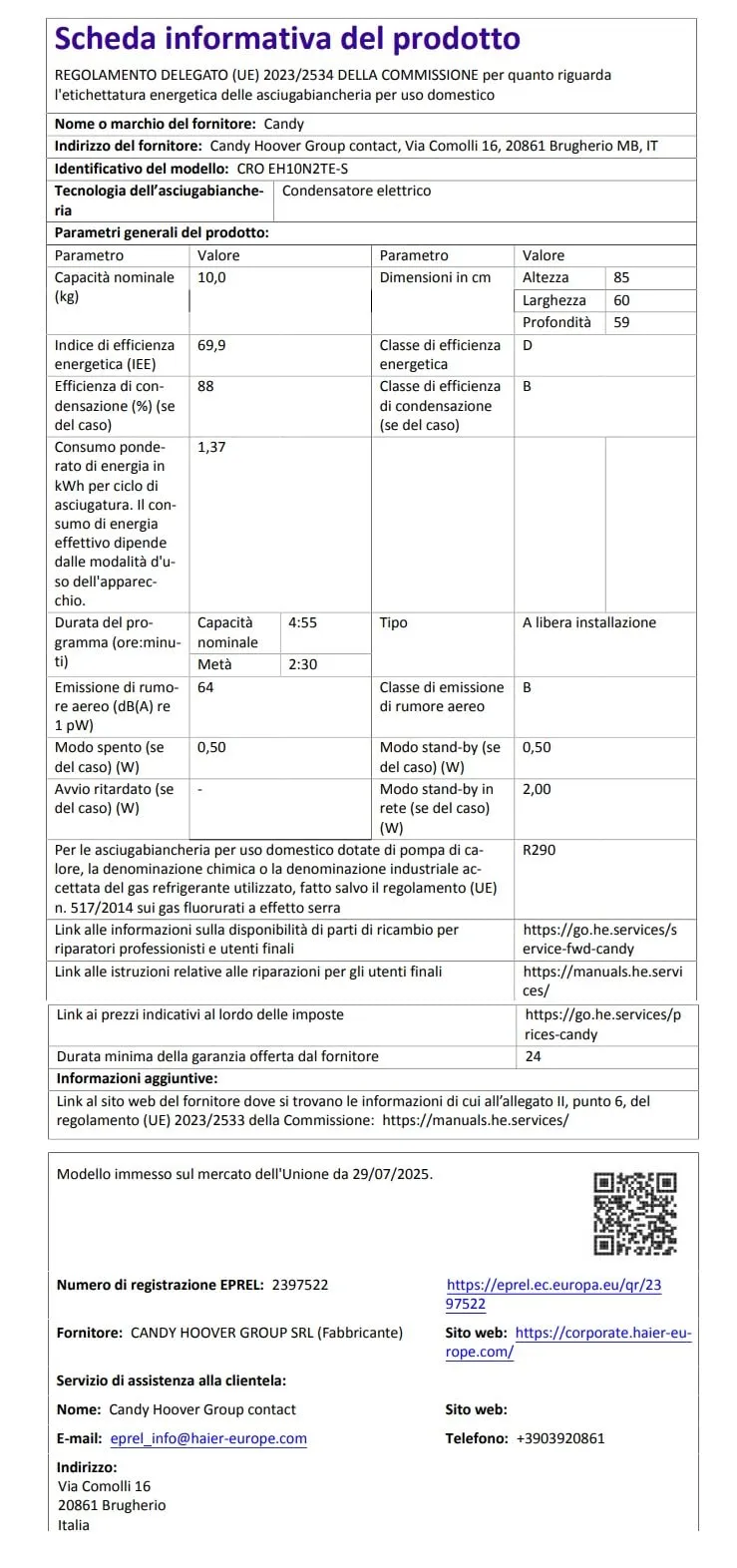 Candy Smart Pro Asciugatrice a Pompa di Calore 10 kg Classe D Bianca - immagine 11