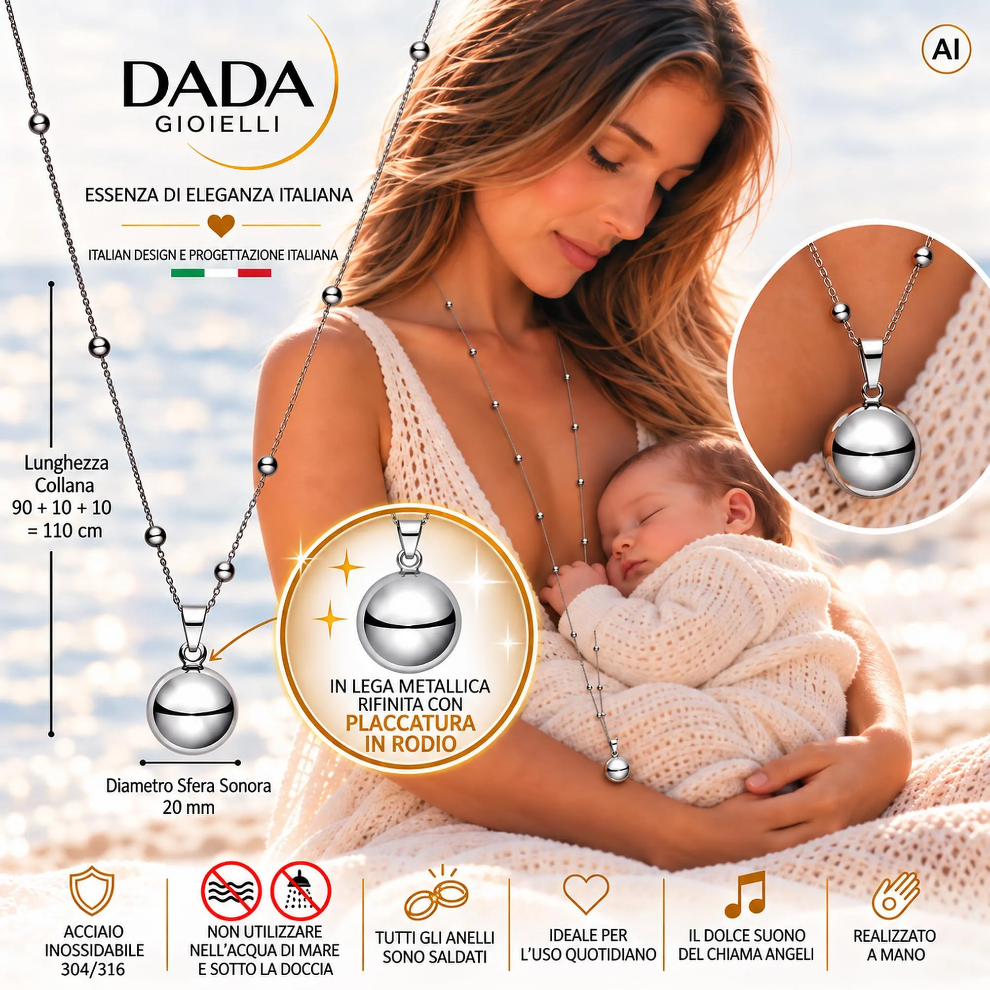 Dada Gioielli Collana Richiamo Angeli Gravidanza Sonoro, Sfera Rodiata - immagine 2