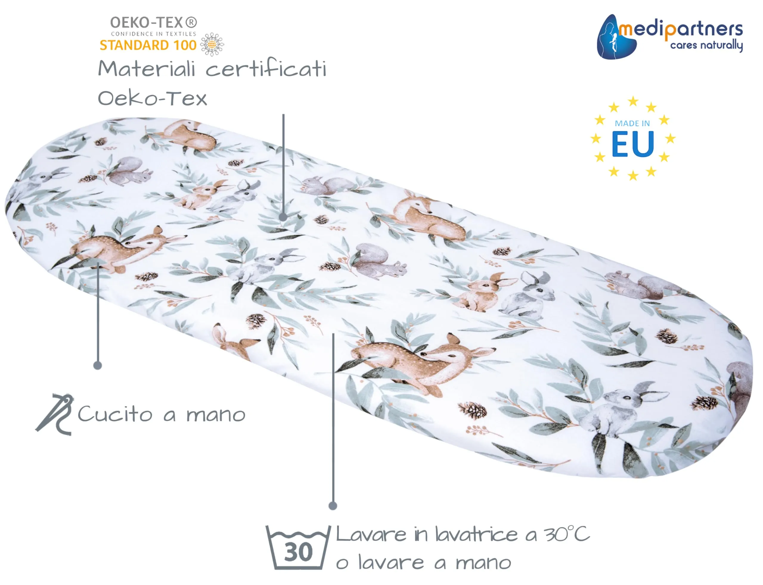 Medi Partners Lenzuolo per Lettino Culla e Navicella Neonato 86x40, 100% Cotone, Cervo E Scoiattolo - immagine 2