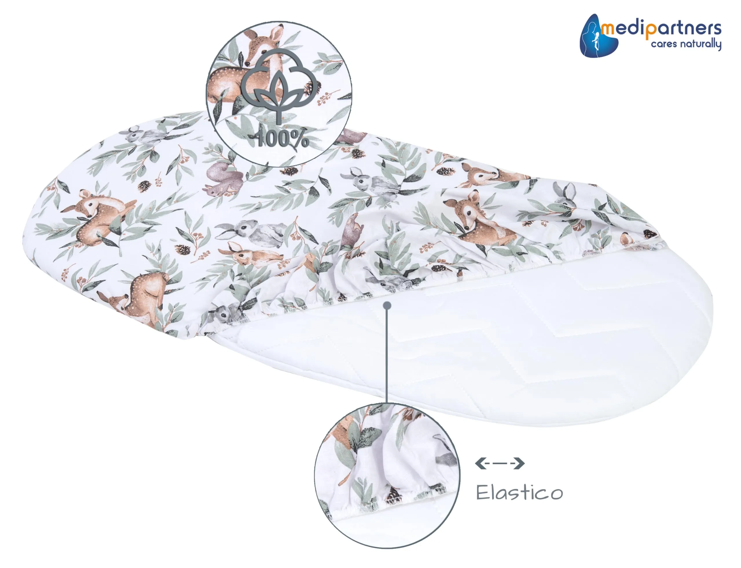 Medi Partners Lenzuolo per Lettino Culla e Navicella Neonato 86x40, 100% Cotone, Cervo E Scoiattolo - immagine 4
