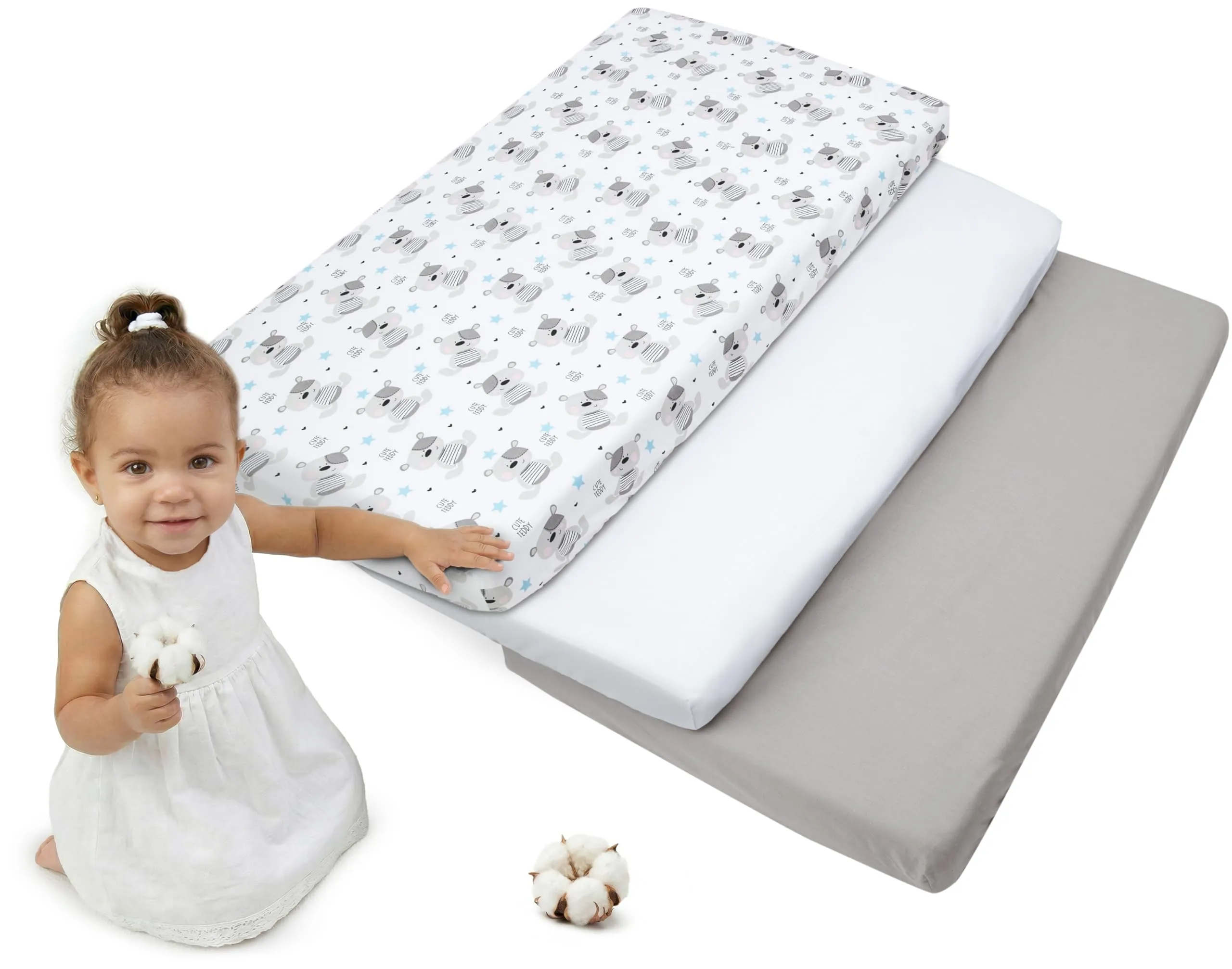 Medi Partners Set 3 Lenzuola per Lettino Neonato 60x120, 100% Cotone con Angoli (Teddy-Bianco-Grigio) - immagine 1