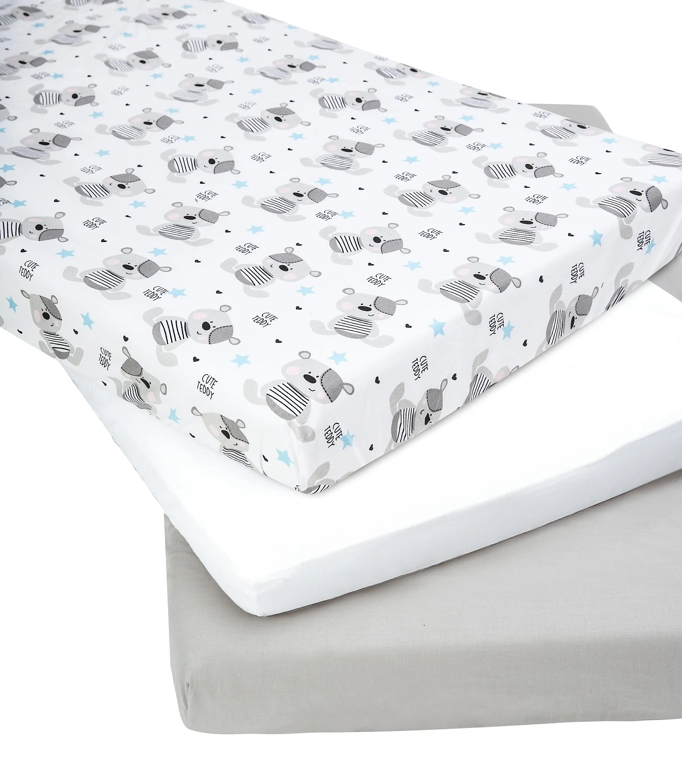 Medi Partners Set 3 Lenzuola per Lettino Neonato 60x120, 100% Cotone con Angoli (Teddy-Bianco-Grigio) - immagine 2