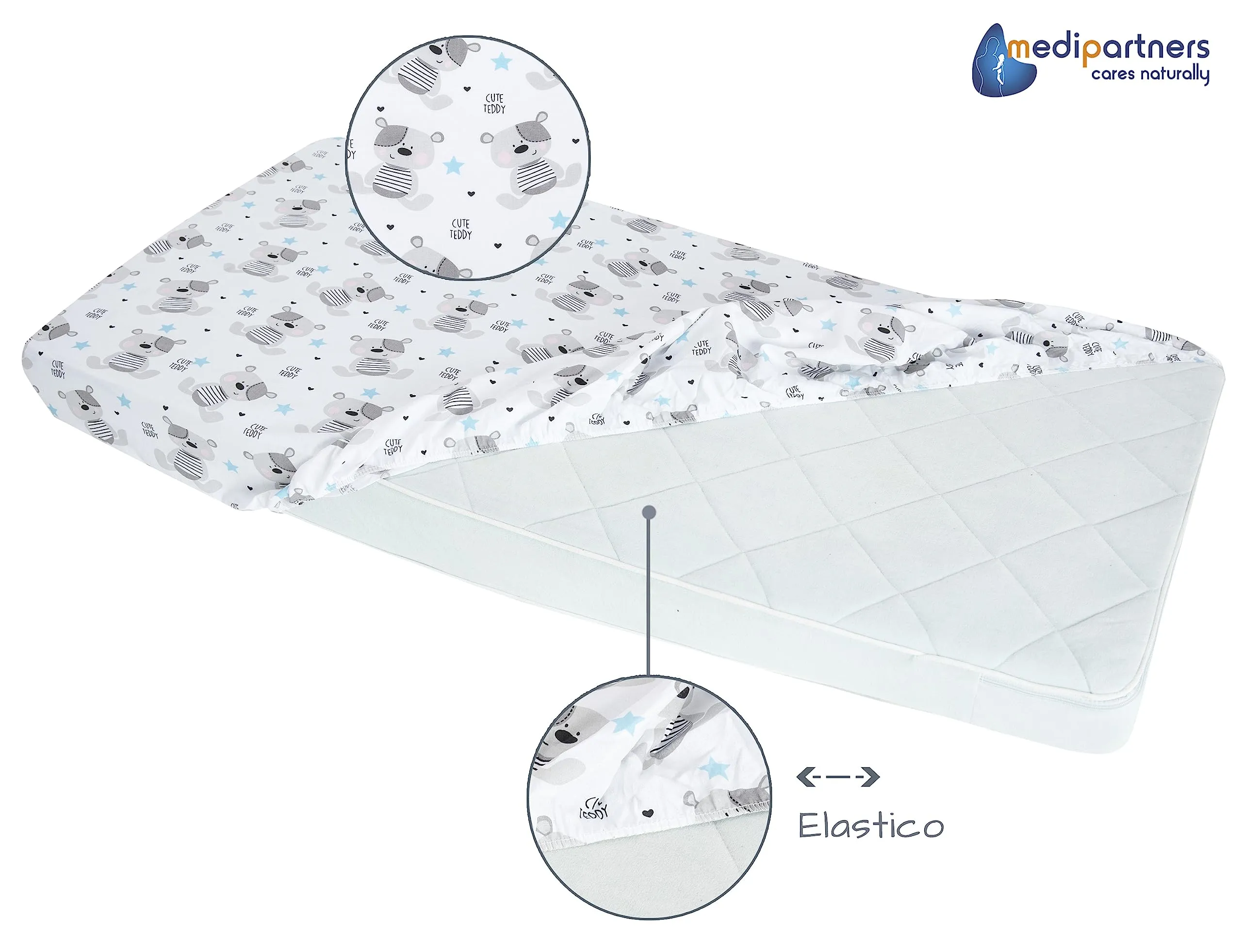 Medi Partners Set 3 Lenzuola per Lettino Neonato 60x120, 100% Cotone con Angoli (Teddy-Bianco-Grigio) - immagine 5
