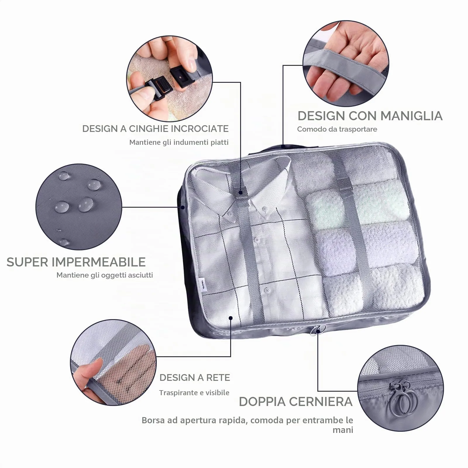 BillyBath Set di 8 Organizzatori da Viaggio per Valigia, Grigio - immagine 3