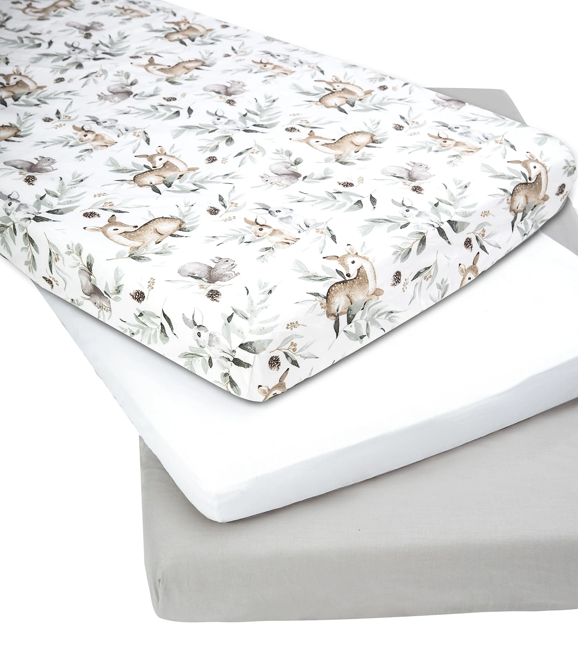 Medi Partners Set di 3 Lenzuola con Angoli per Lettino Neonato 60x120, 100% Cotone (Cervo E Scoiattolo-Bianco-Grigio) - immagine 2
