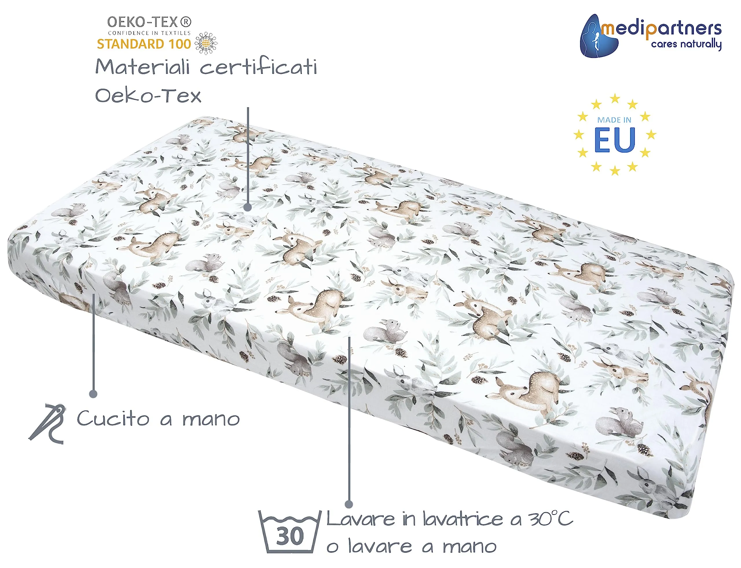 Medi Partners Set di 3 Lenzuola con Angoli per Lettino Neonato 60x120, 100% Cotone (Cervo E Scoiattolo-Bianco-Grigio) - immagine 3