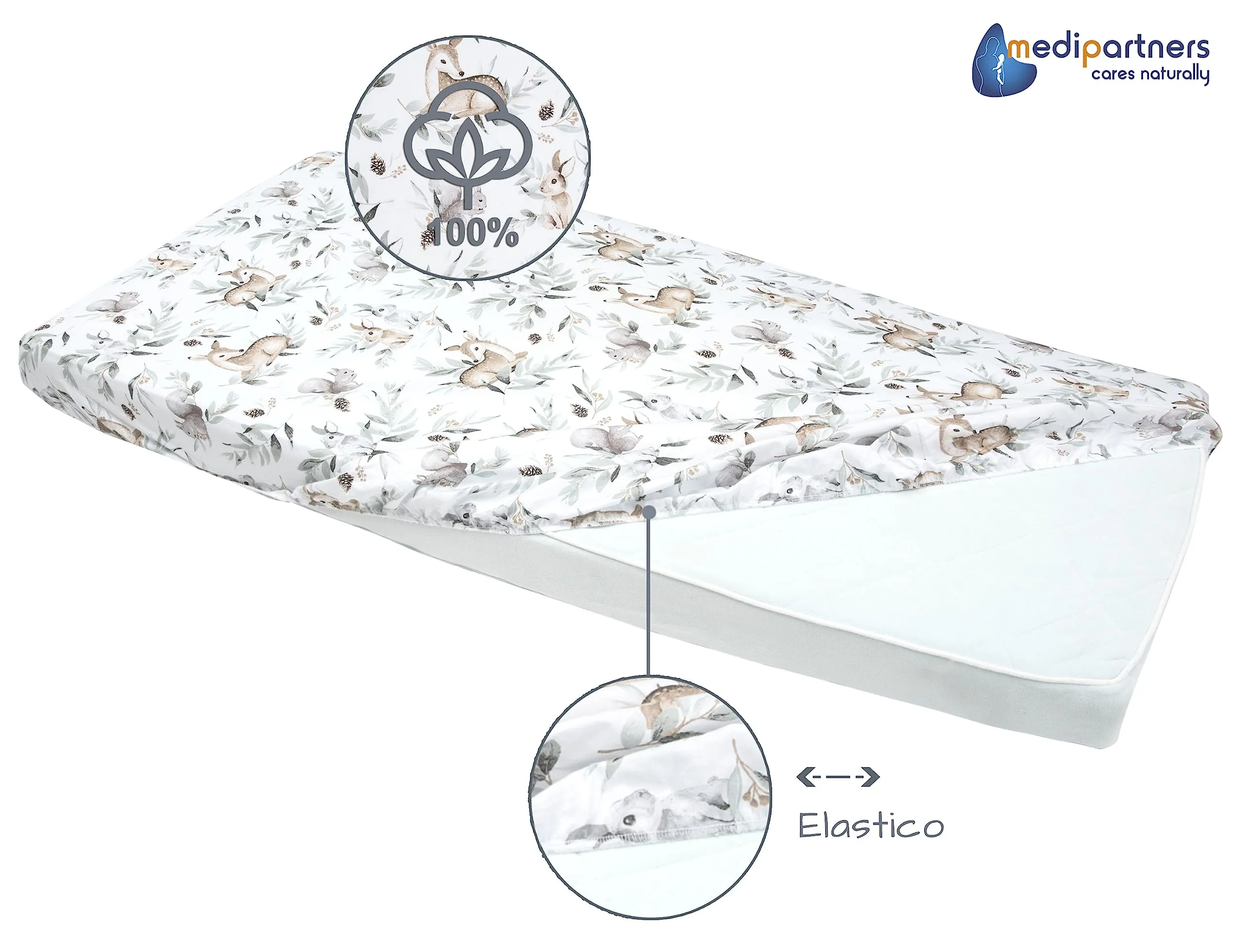Medi Partners Set di 3 Lenzuola con Angoli per Lettino Neonato 60x120, 100% Cotone (Cervo E Scoiattolo-Bianco-Grigio) - immagine 5