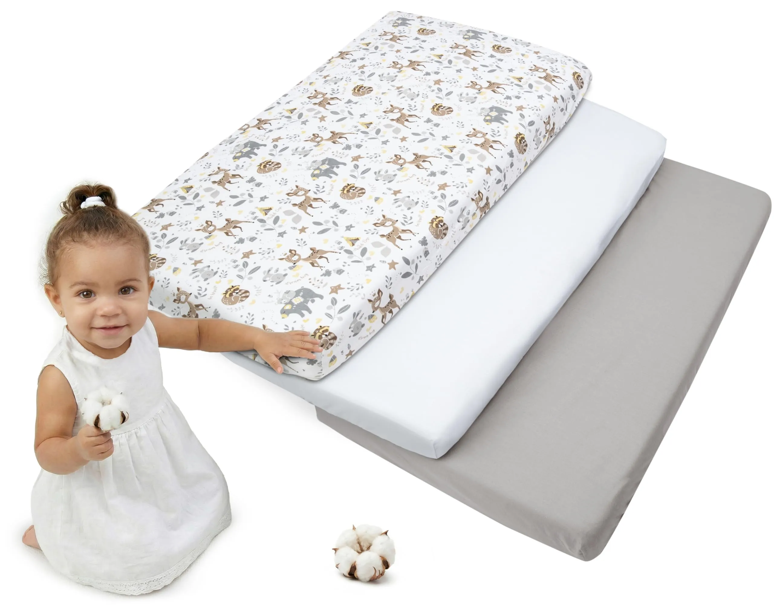 Medi Partners Set 3 Lenzuola per Lettino Neonato 60x120, 100% Cotone con Angoli (Cervo-Bianco-Grigio) - immagine 1