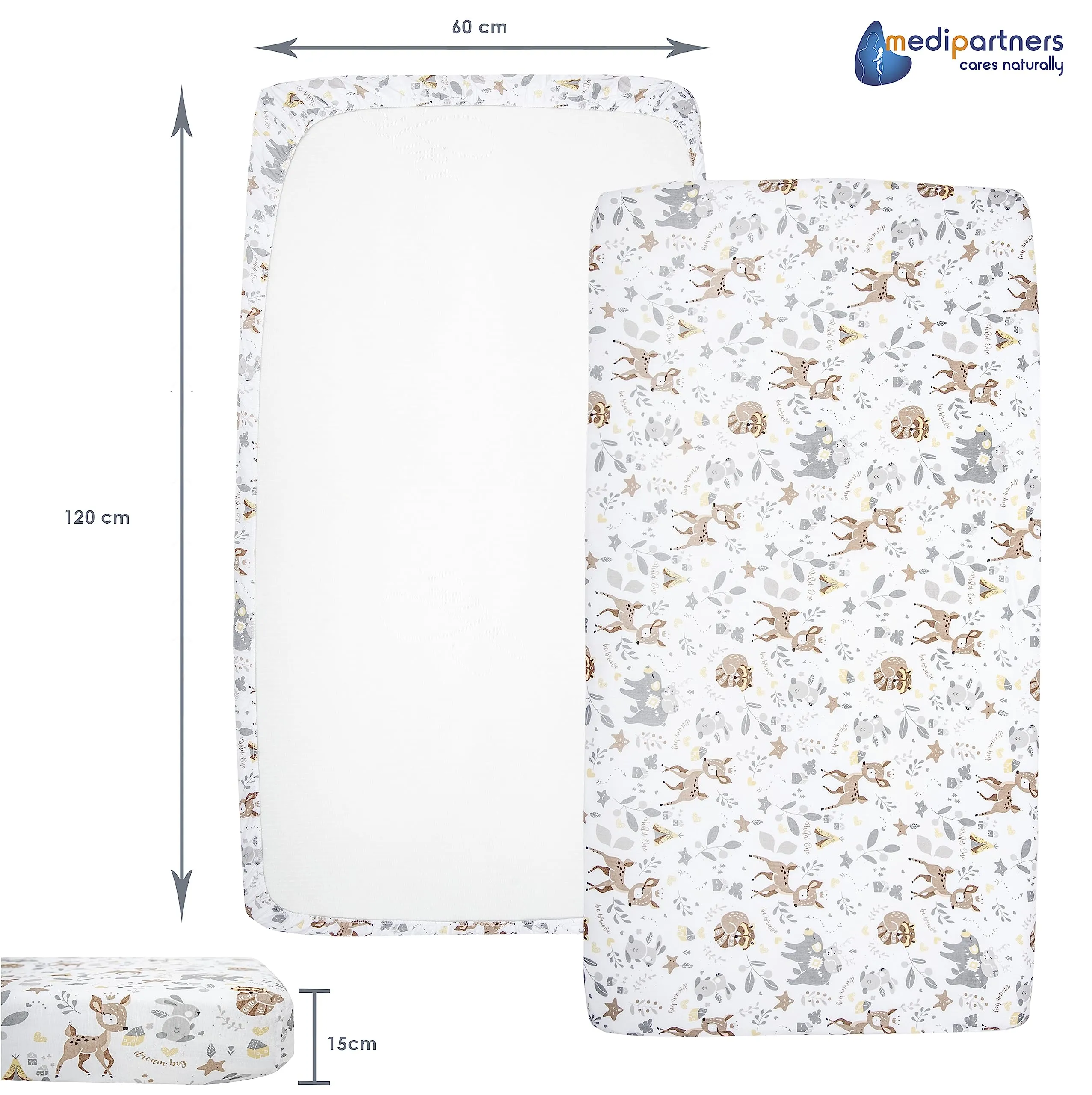 Medi Partners Set 3 Lenzuola per Lettino Neonato 60x120, 100% Cotone con Angoli (Cervo-Bianco-Grigio) - immagine 4