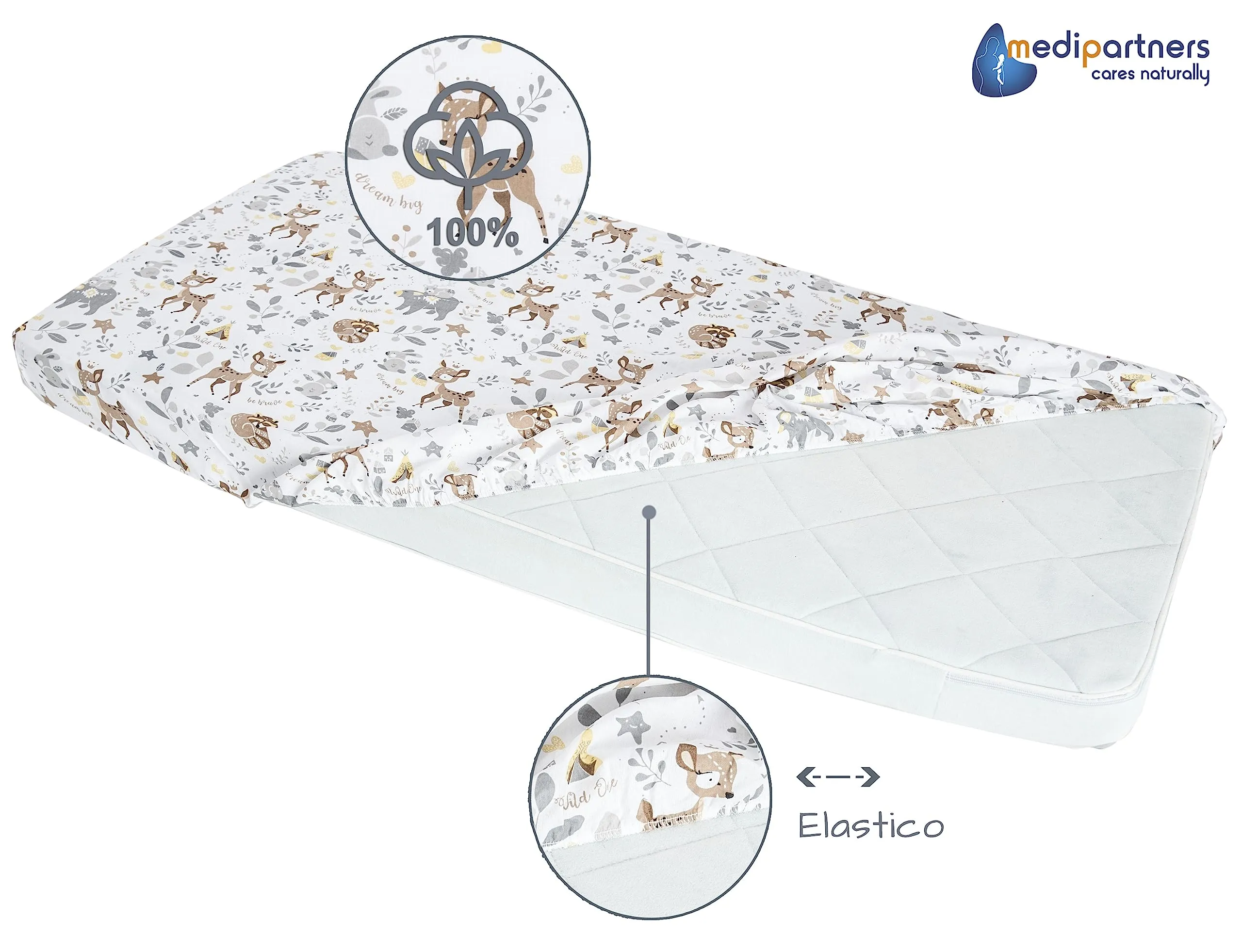 Medi Partners Set 3 Lenzuola per Lettino Neonato 60x120, 100% Cotone con Angoli (Cervo-Bianco-Grigio) - immagine 5