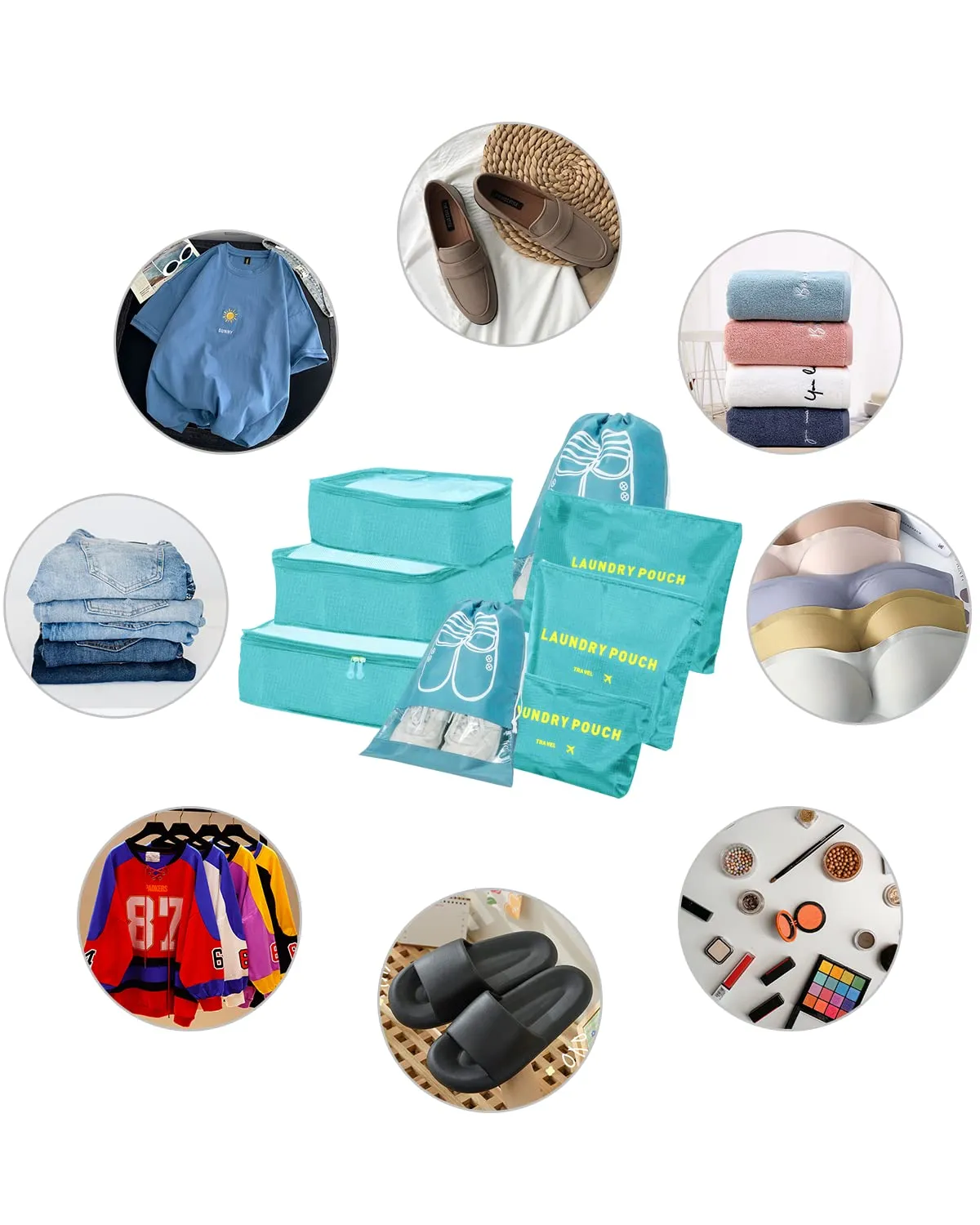 BillyBath Set Organizer da Viaggio 8 in 1 per Vestiti, Scarpe e Cosmetici, Azzurro - immagine 2