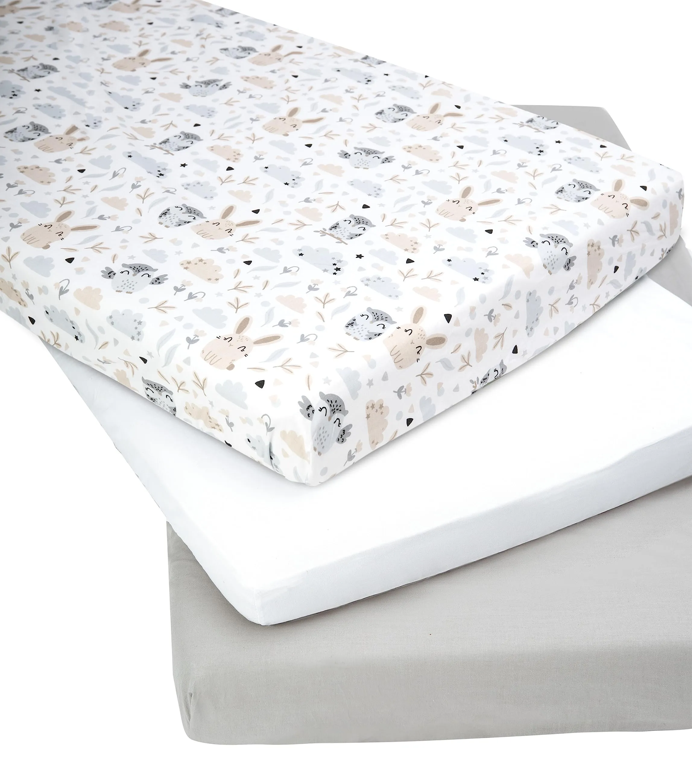 Medi Partners Set di 3 Lenzuolini con Angoli per Lettino Neonato 60x120, 100% Cotone (Radura con Animali-Bianco-Grigio) - immagine 2
