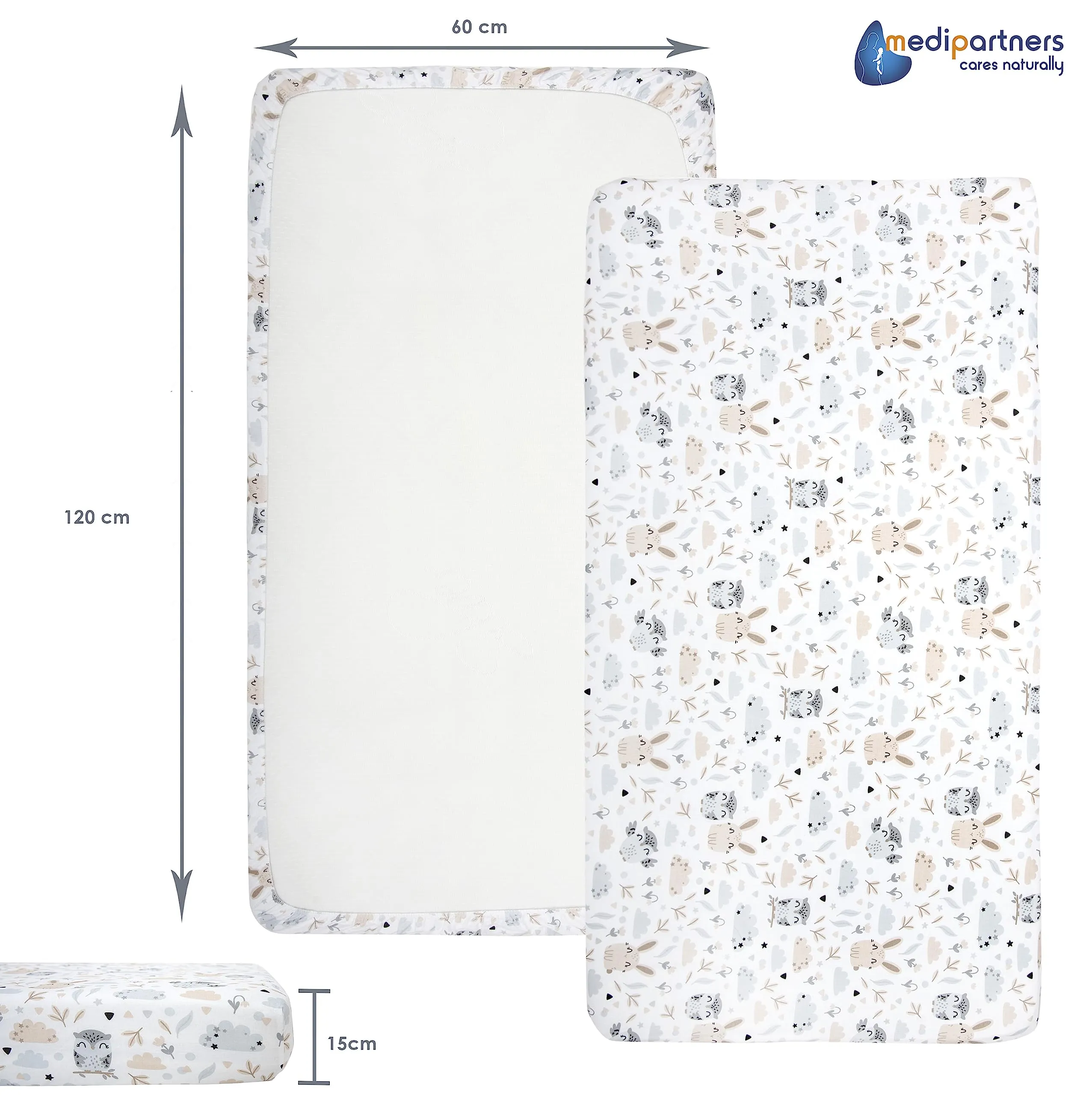 Medi Partners Set di 3 Lenzuolini con Angoli per Lettino Neonato 60x120, 100% Cotone (Radura con Animali-Bianco-Grigio) - immagine 4