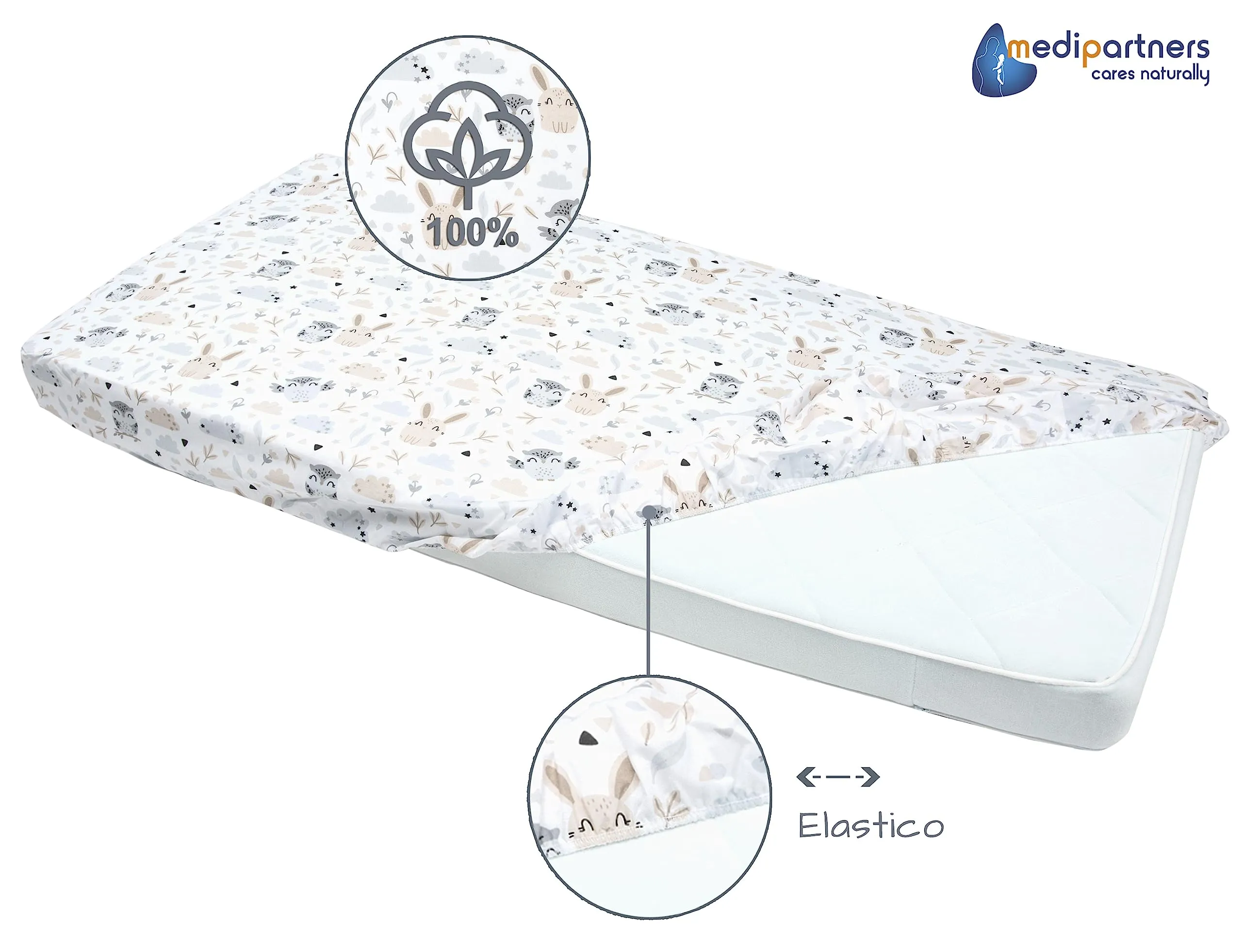 Medi Partners Set di 3 Lenzuolini con Angoli per Lettino Neonato 60x120, 100% Cotone (Radura con Animali-Bianco-Grigio) - immagine 5