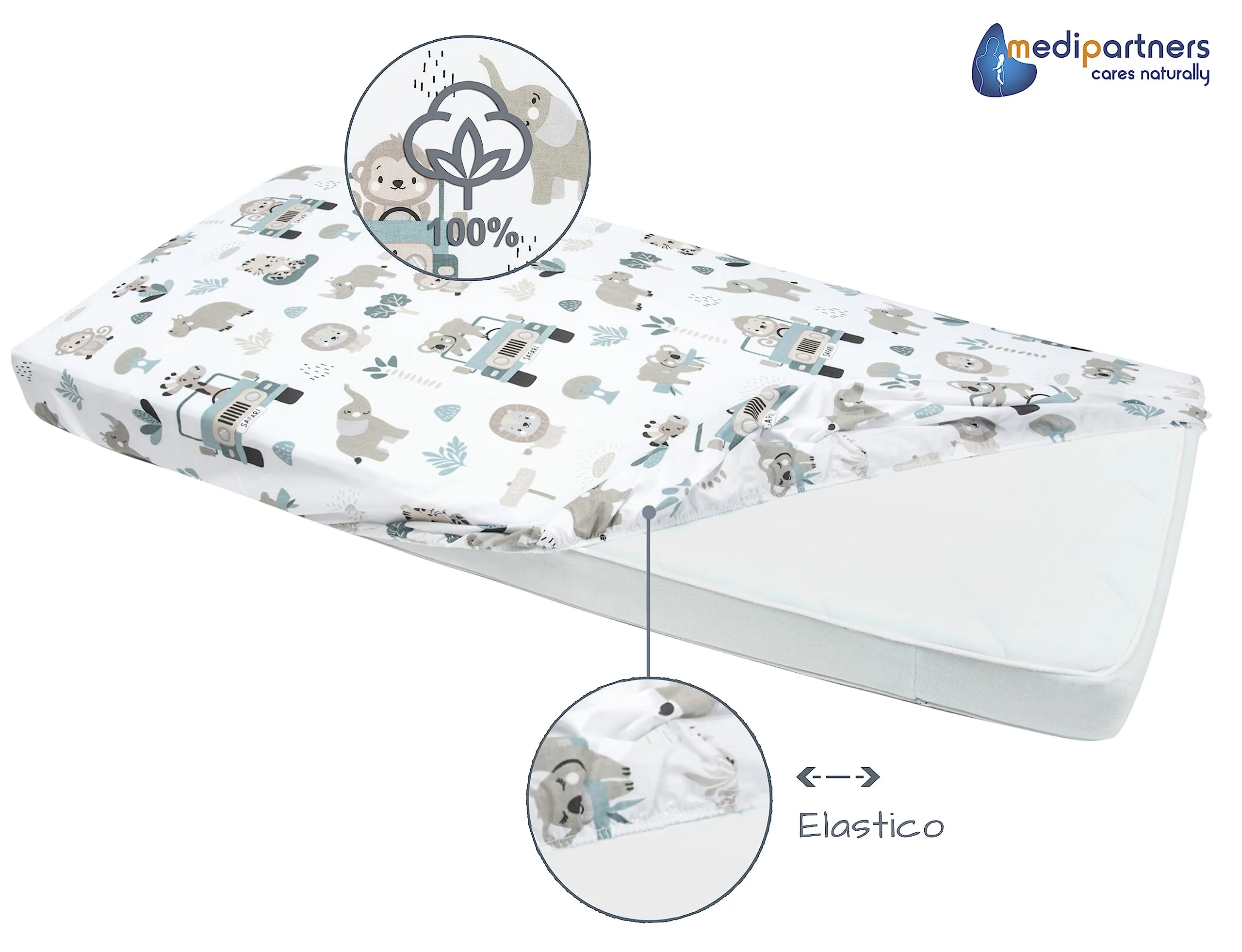 Medi Partners Set 3 Lenzuola per Lettino Neonato 60x120, 100% Cotone, Zoo Di Menta-Bianco-Grigio - immagine 5