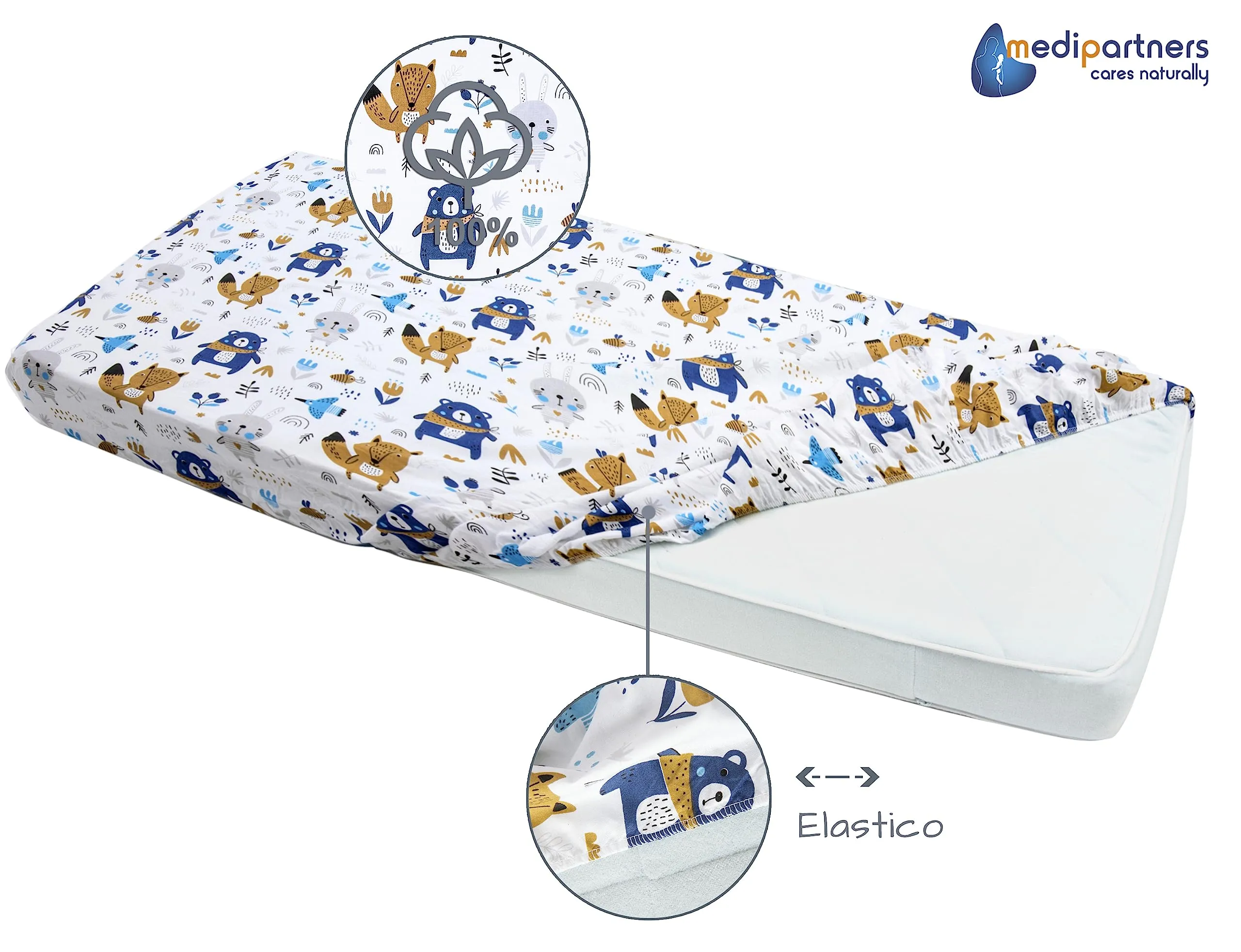 Medi Partners Set 3 Lenzuola Lettino Neonato 60x120, 100% Cotone con Angoli (Boho Animals-Bianco-Grigio) - immagine 5