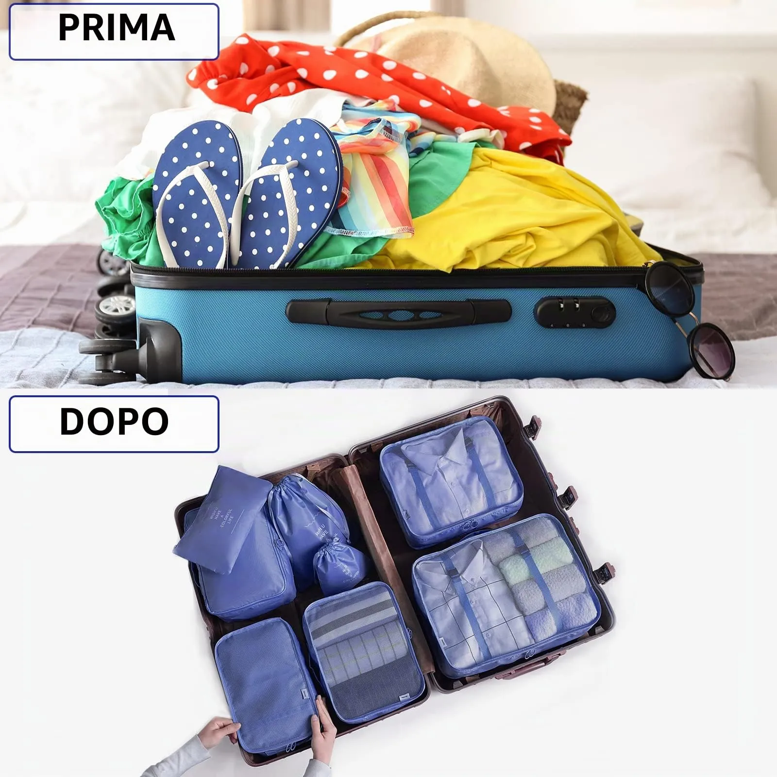 BillyBath Set di 8 Organizer per Valigia, Cubi di Imballaggio e Sacchetti di Compressione per Vestiti, Cosmetici, Scarpe e Intimo, Blu (031) - immagine 2