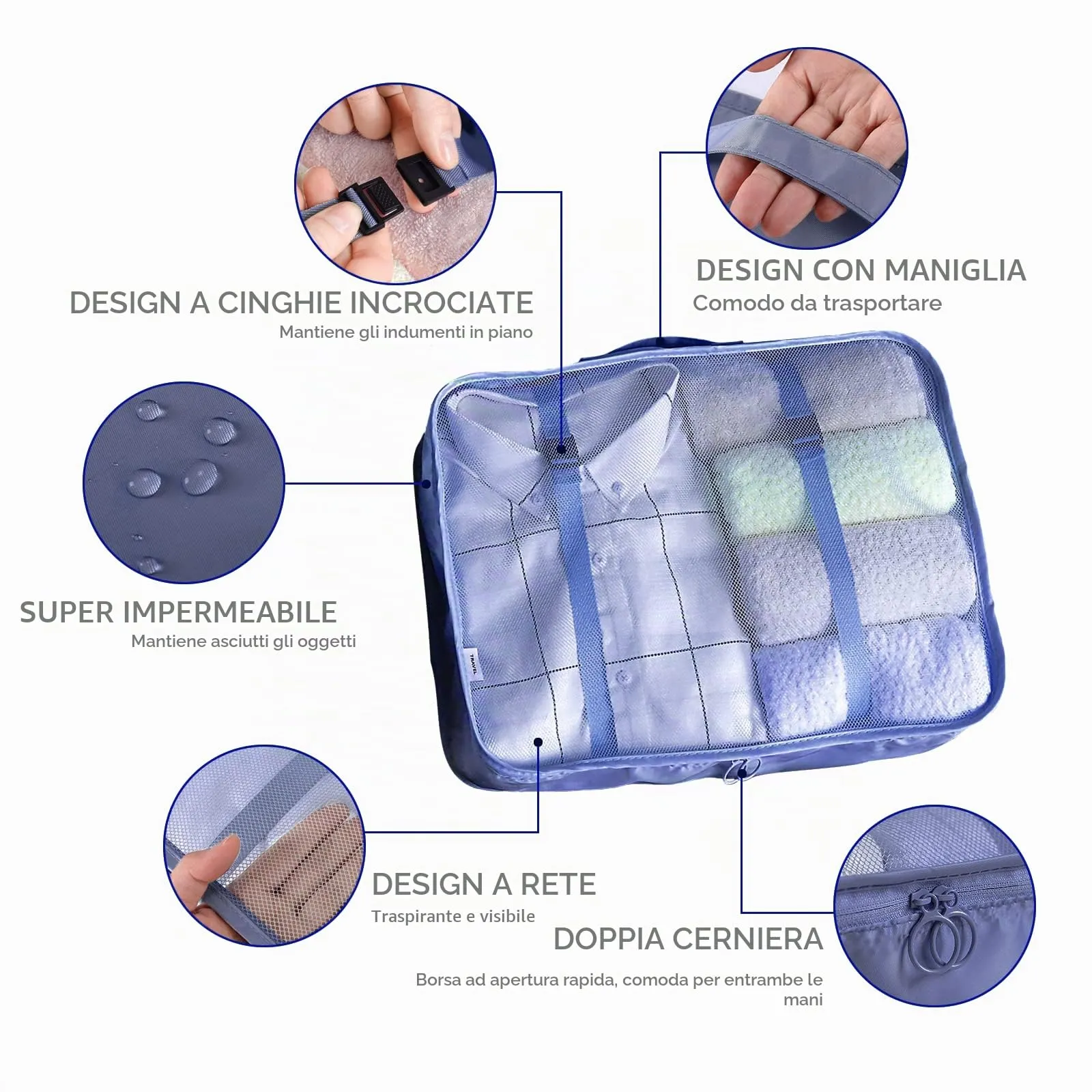 BillyBath Set di 8 Organizer per Valigia, Cubi di Imballaggio e Sacchetti di Compressione per Vestiti, Cosmetici, Scarpe e Intimo, Blu (031) - immagine 3