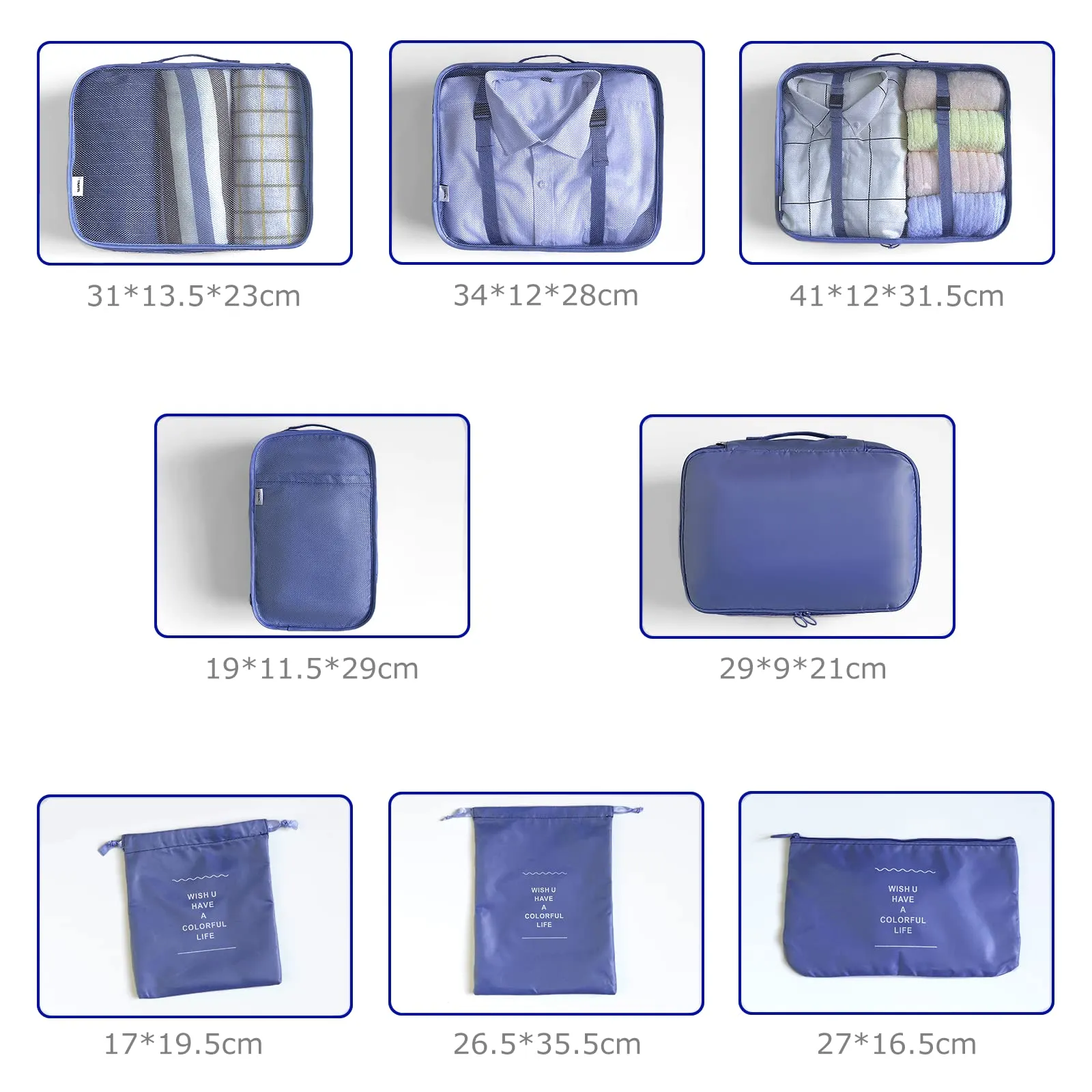 BillyBath Set di 8 Organizer per Valigia, Cubi di Imballaggio e Sacchetti di Compressione per Vestiti, Cosmetici, Scarpe e Intimo, Blu (031) - immagine 4