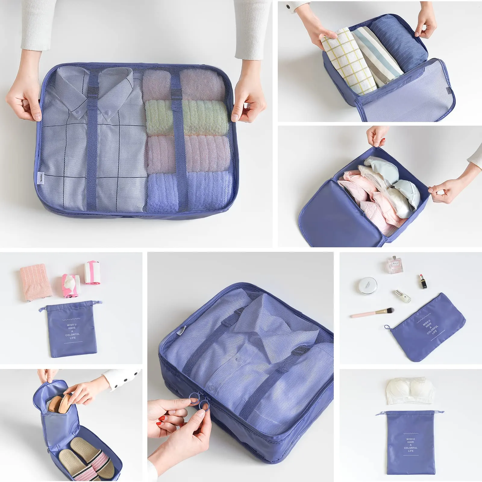 BillyBath Set di 8 Organizer per Valigia, Cubi di Imballaggio e Sacchetti di Compressione per Vestiti, Cosmetici, Scarpe e Intimo, Blu (031) - immagine 5