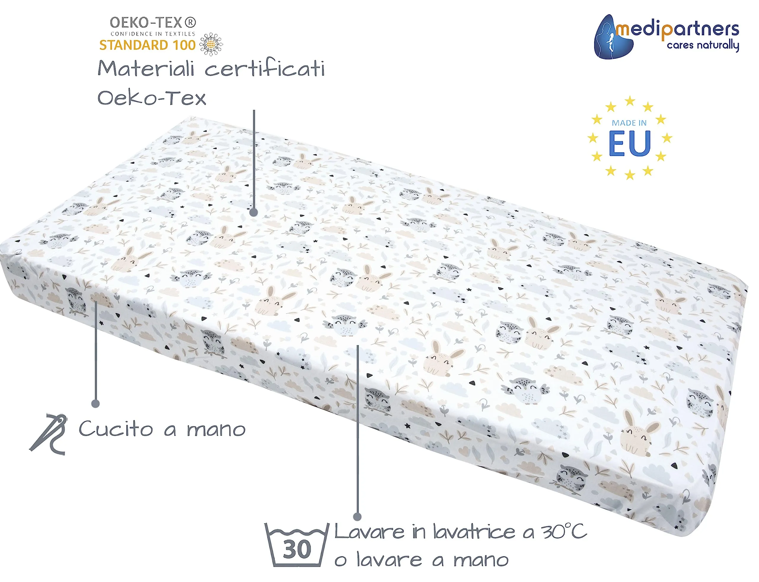 Medi Partners Lenzuola Lettino Neonato 60x120 100% Cotone con Angoli (Radura Con Animali) - immagine 2