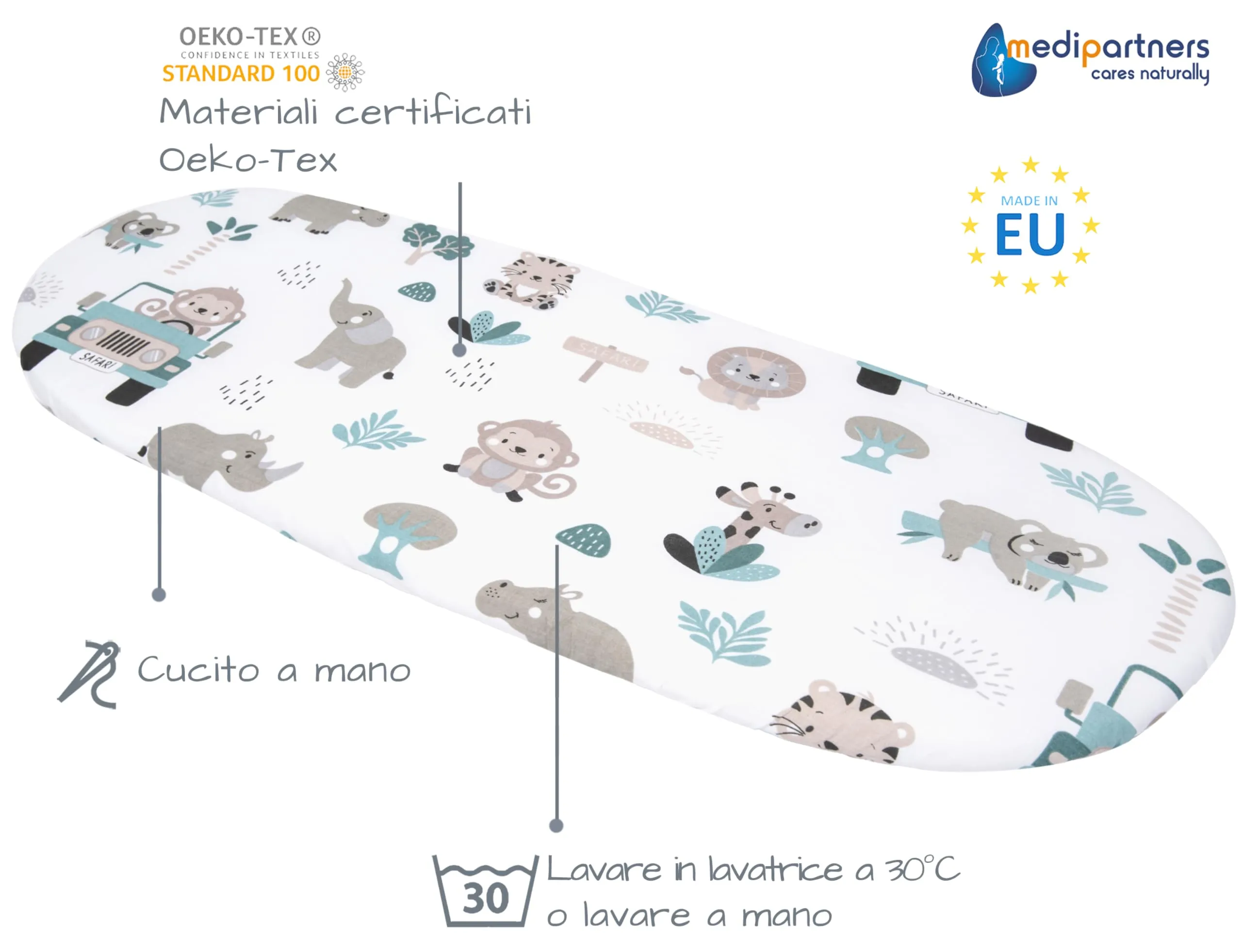 Medi Partners Lenzuolo per Lettino Culla e Navicella 86x40, 100% Cotone, Zoo Di Menta - immagine 2