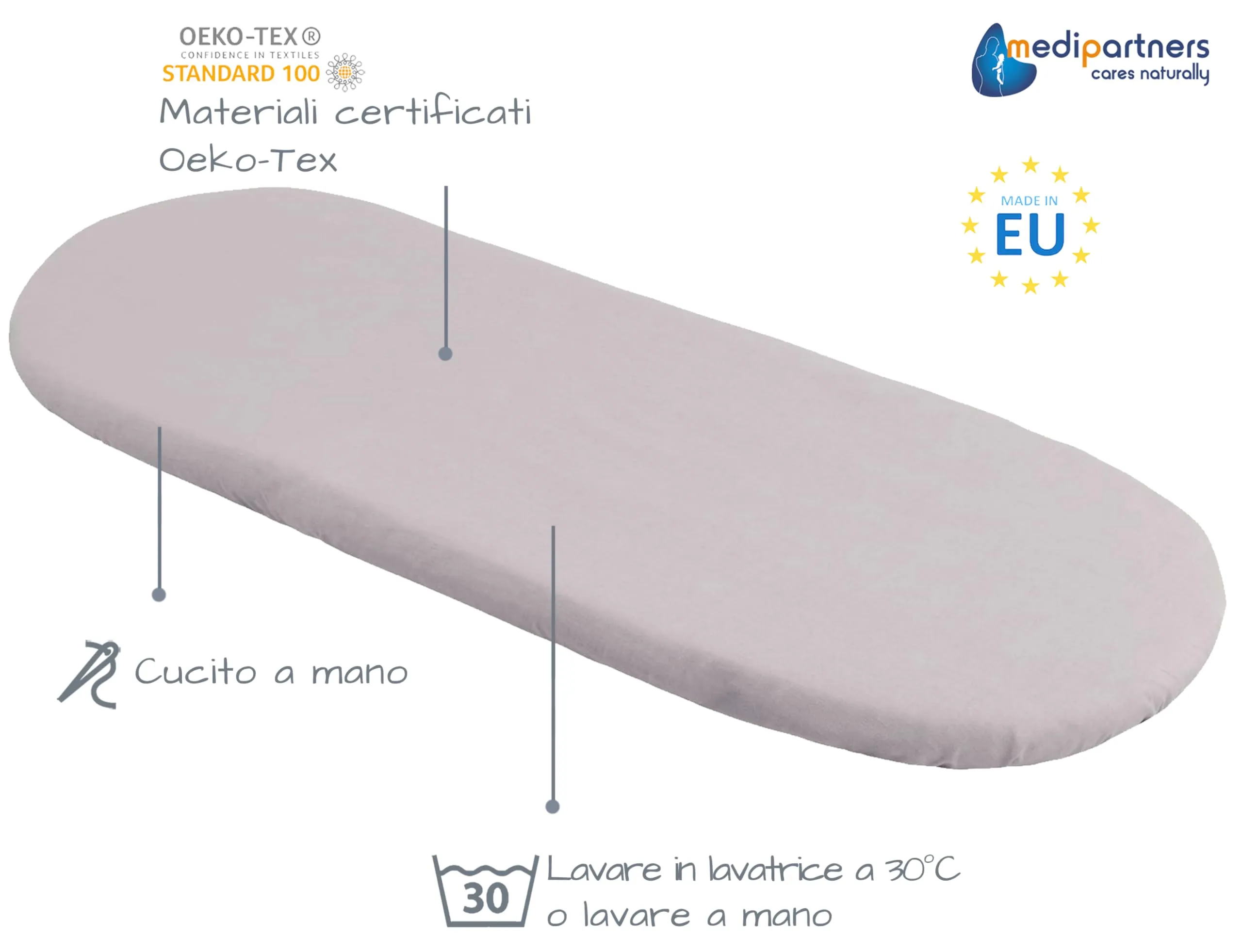 Medi Partners Lenzuolo per Lettino Culla e Navicella 86x40 100% Cotone (Grigio) - immagine 2