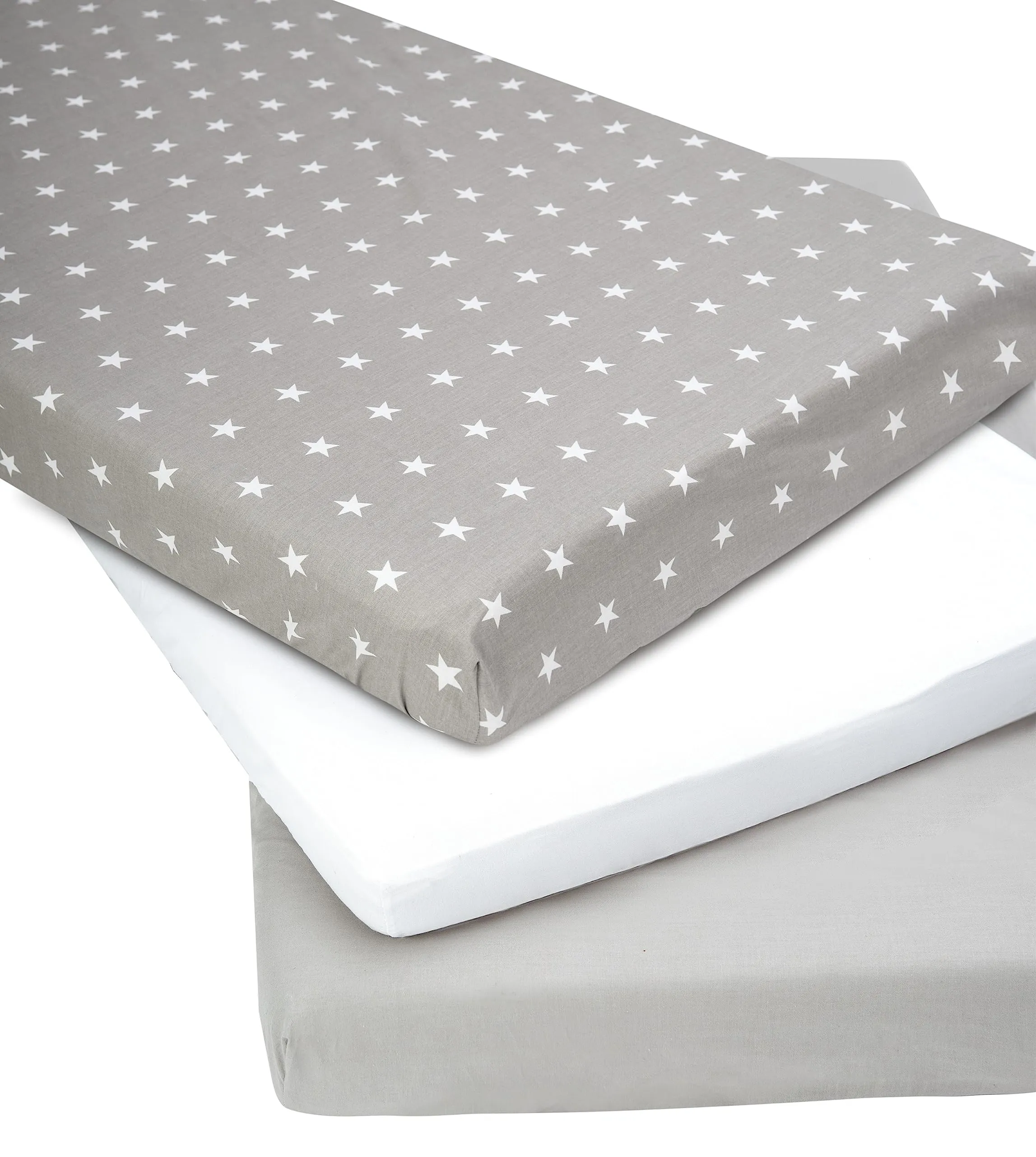 Medi Partners Set di 3 Lenzuola per Lettino Neonato 60x120, 100% Cotone, con Angoli (Stelle Bianche Su Grigio-Bianco-Grigio) - immagine 2
