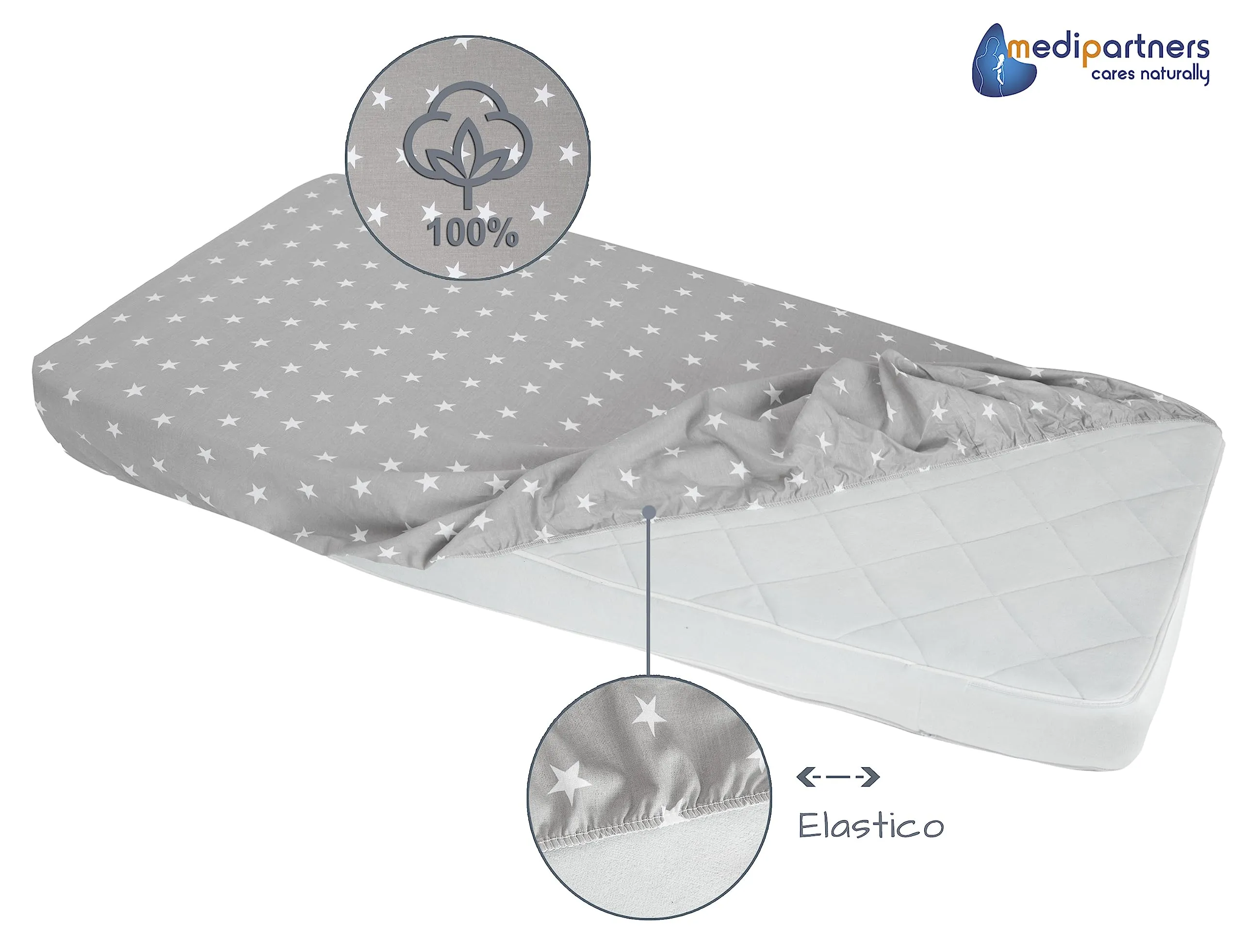 Medi Partners Set di 3 Lenzuola per Lettino Neonato 60x120, 100% Cotone, con Angoli (Stelle Bianche Su Grigio-Bianco-Grigio) - immagine 5