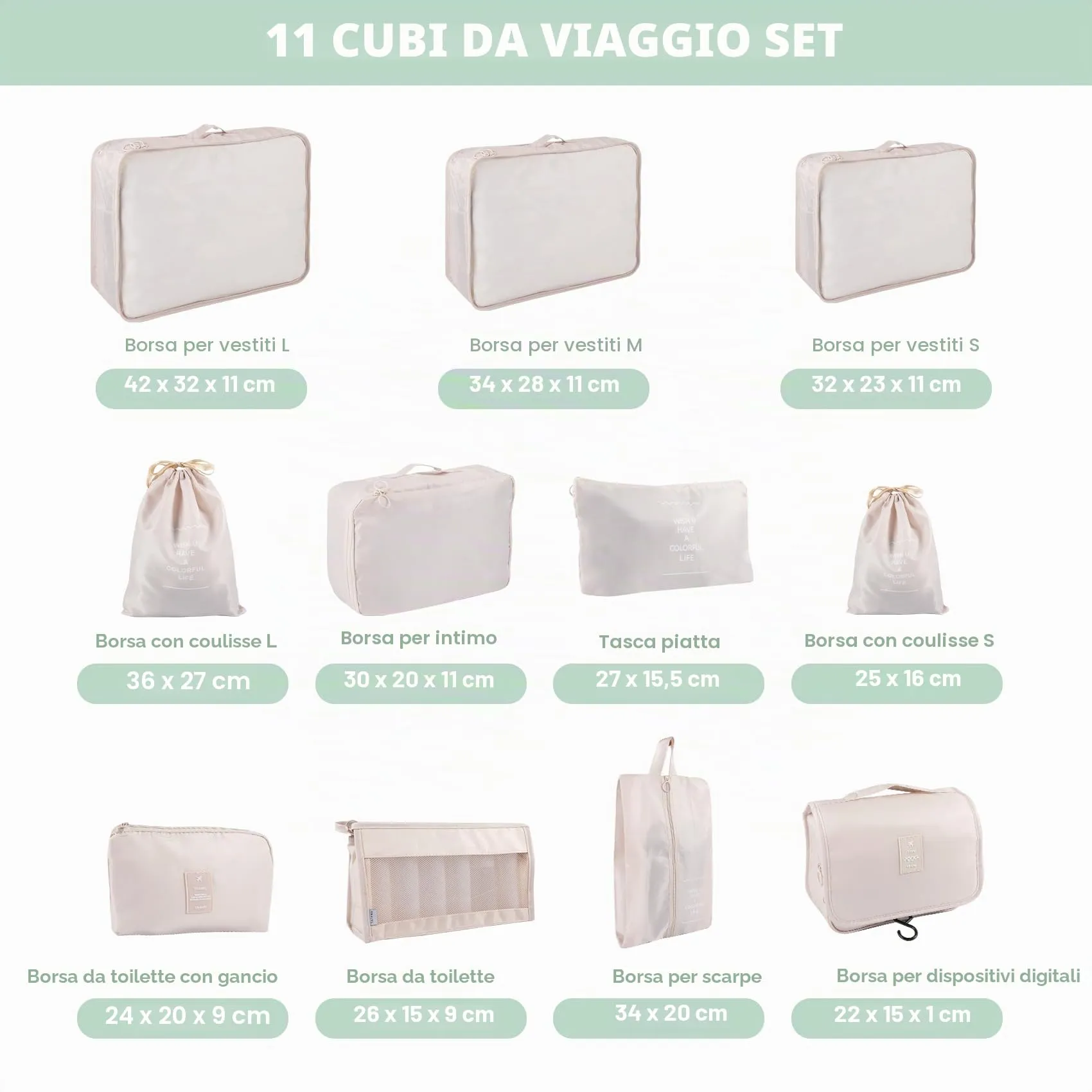 BillyBath Set di 11 organizer per valigie, beige - immagine 2